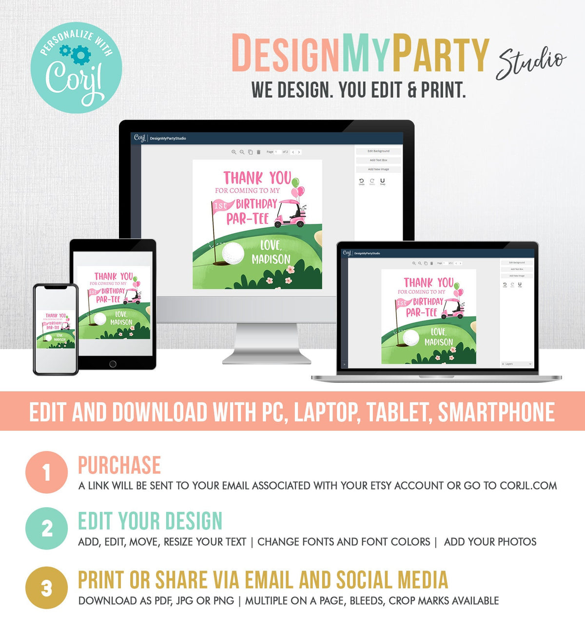 Editable Golf Favor Tags Golf Thank You Par-tee Stickers Golfing Birthday Hole in One 1st Birthday Girl Pink Download Corjl Template 0405