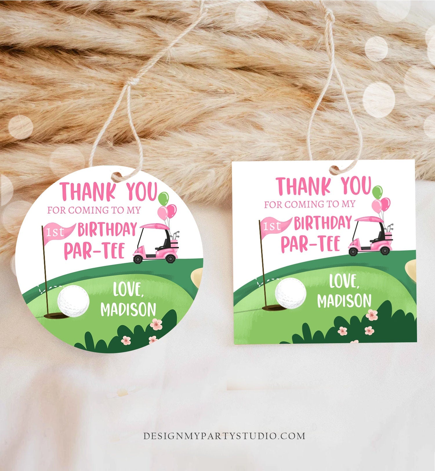 Editable Golf Favor Tags Golf Thank You Par-tee Stickers Golfing Birthday Hole in One 1st Birthday Girl Pink Download Corjl Template 0405