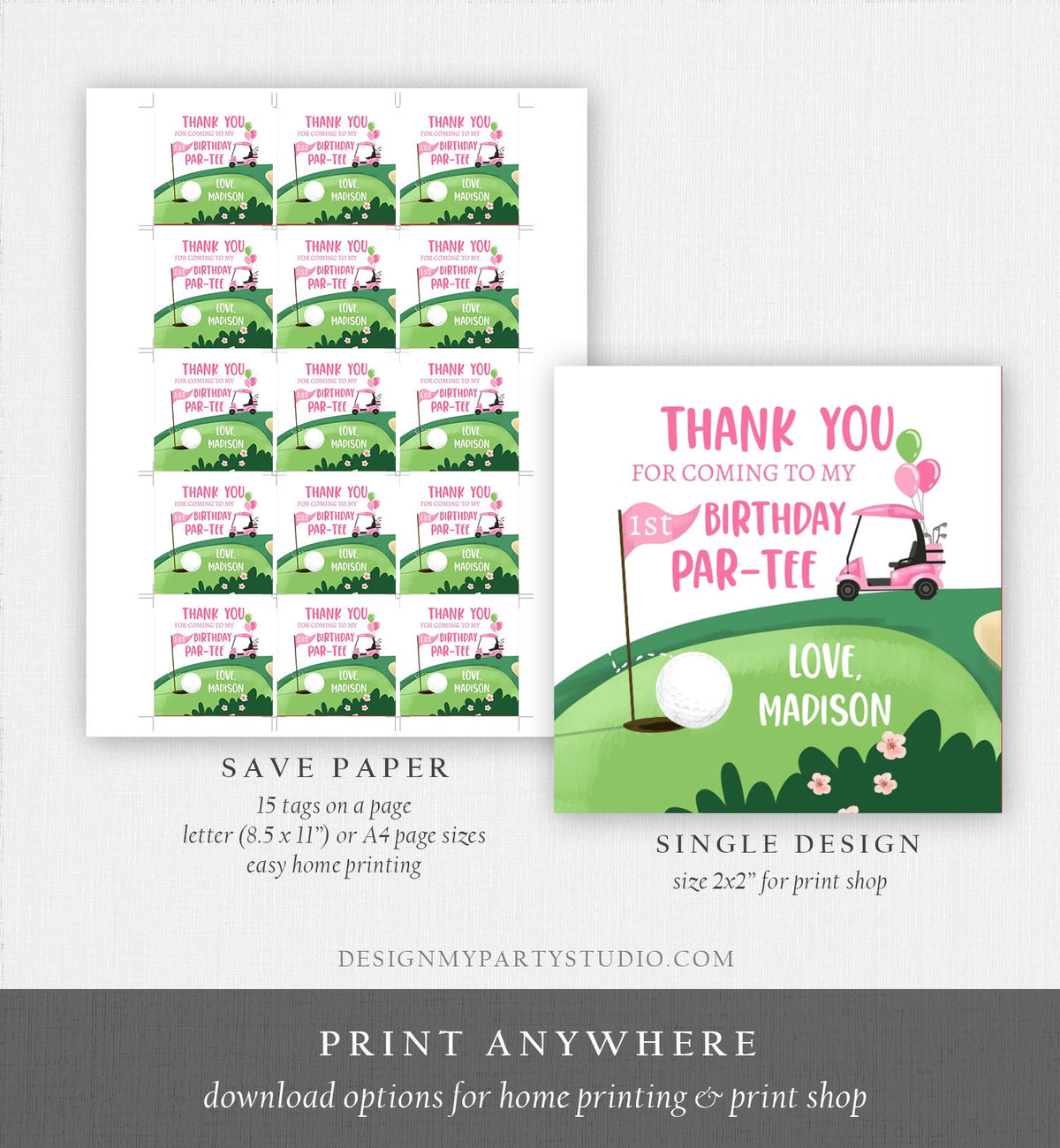Editable Golf Favor Tags Golf Thank You Par-tee Stickers Golfing Birthday Hole in One 1st Birthday Girl Pink Download Corjl Template 0405