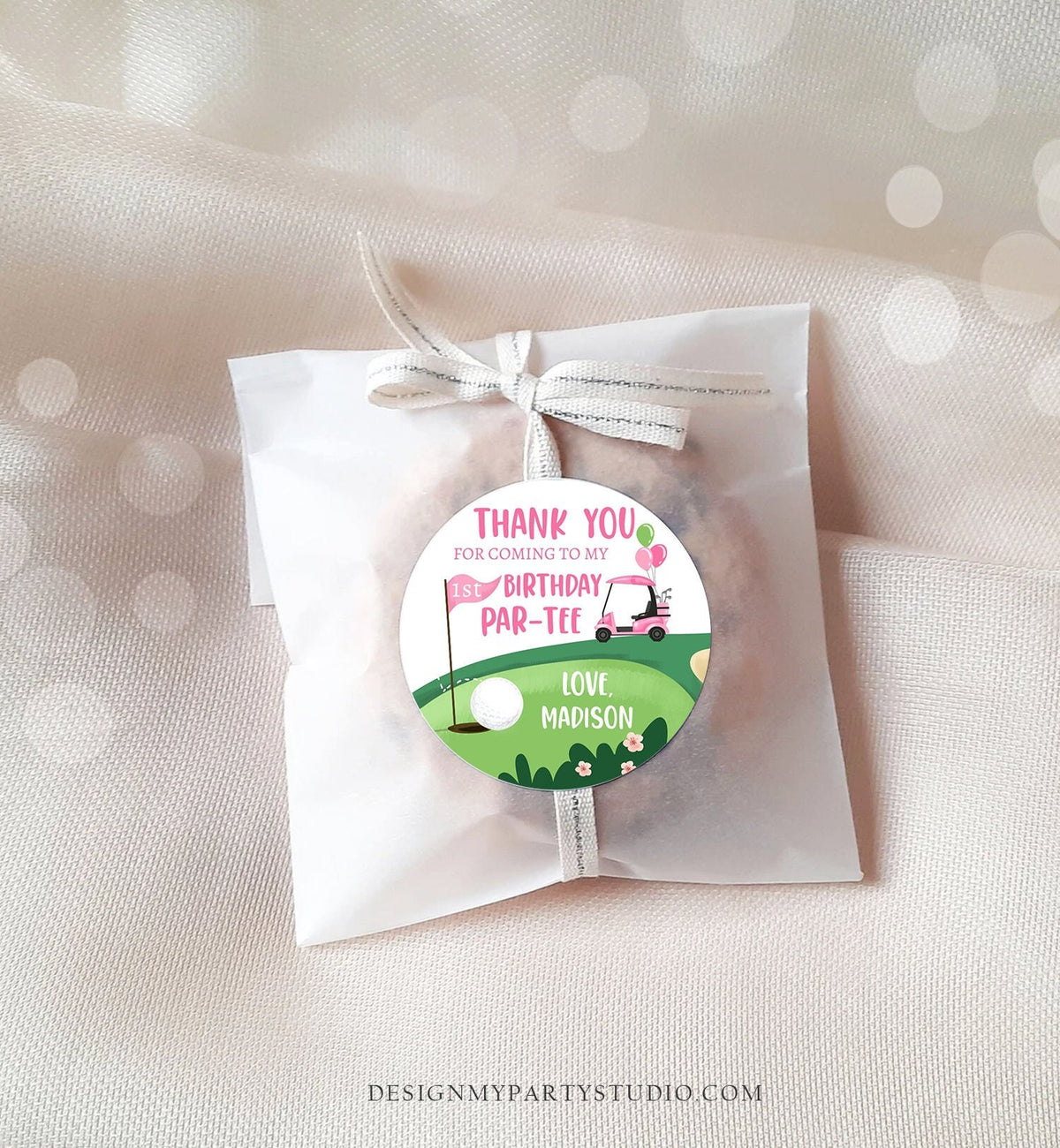 Editable Golf Favor Tags Golf Thank You Par-tee Stickers Golfing Birthday Hole in One 1st Birthday Girl Pink Download Corjl Template 0405