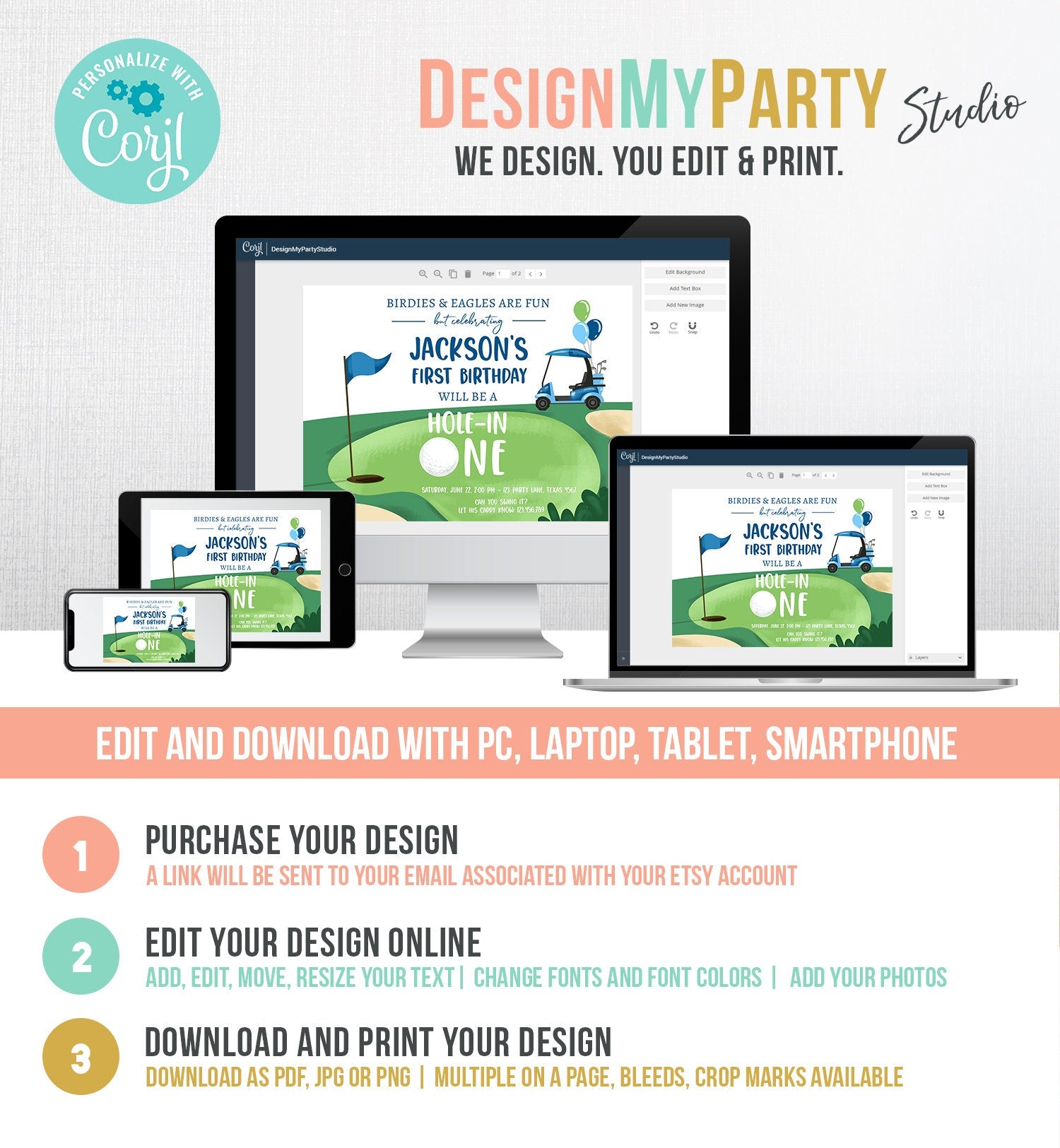 Editable Hole in One Birthday Invitation Golf First Birthday Par-tee Golf Boy Golfing Digital Download Evite Template Printable 0405