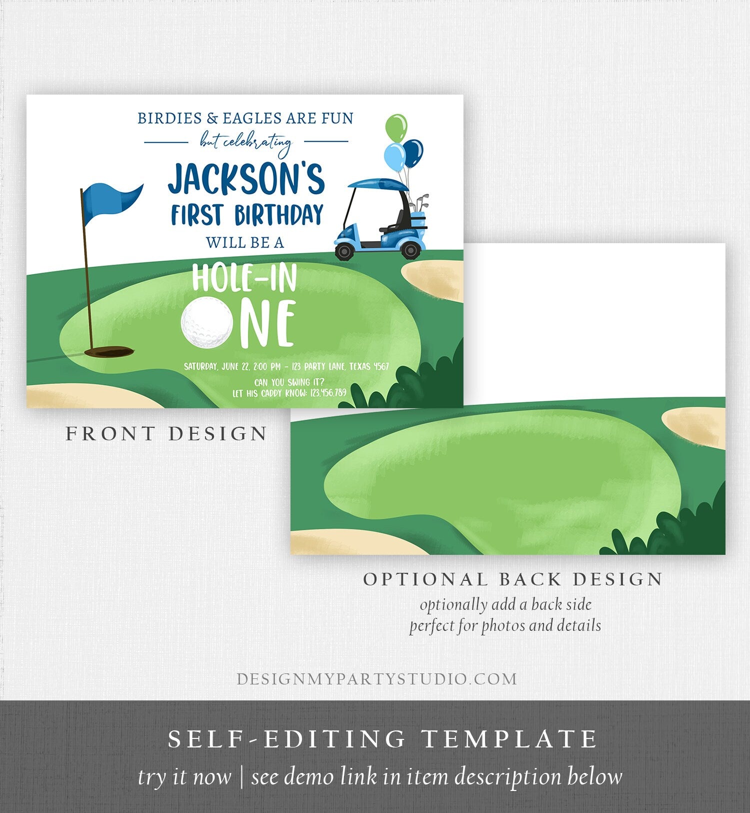 Editable Hole in One Birthday Invitation Golf First Birthday Par-tee Golf Boy Golfing Digital Download Evite Template Printable 0405