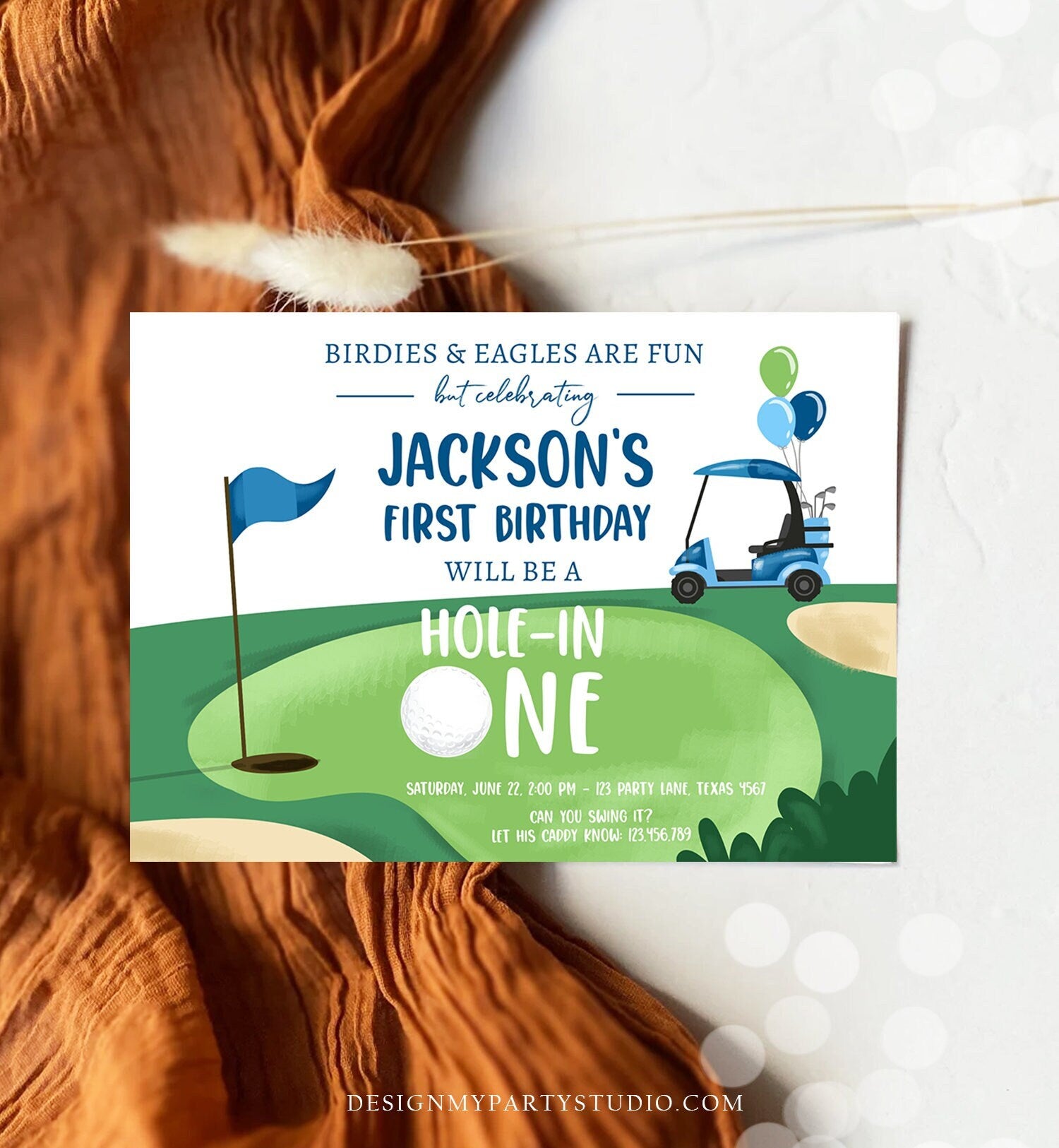 Editable Hole in One Birthday Invitation Golf First Birthday Par-tee Golf Boy Golfing Digital Download Evite Template Printable 0405