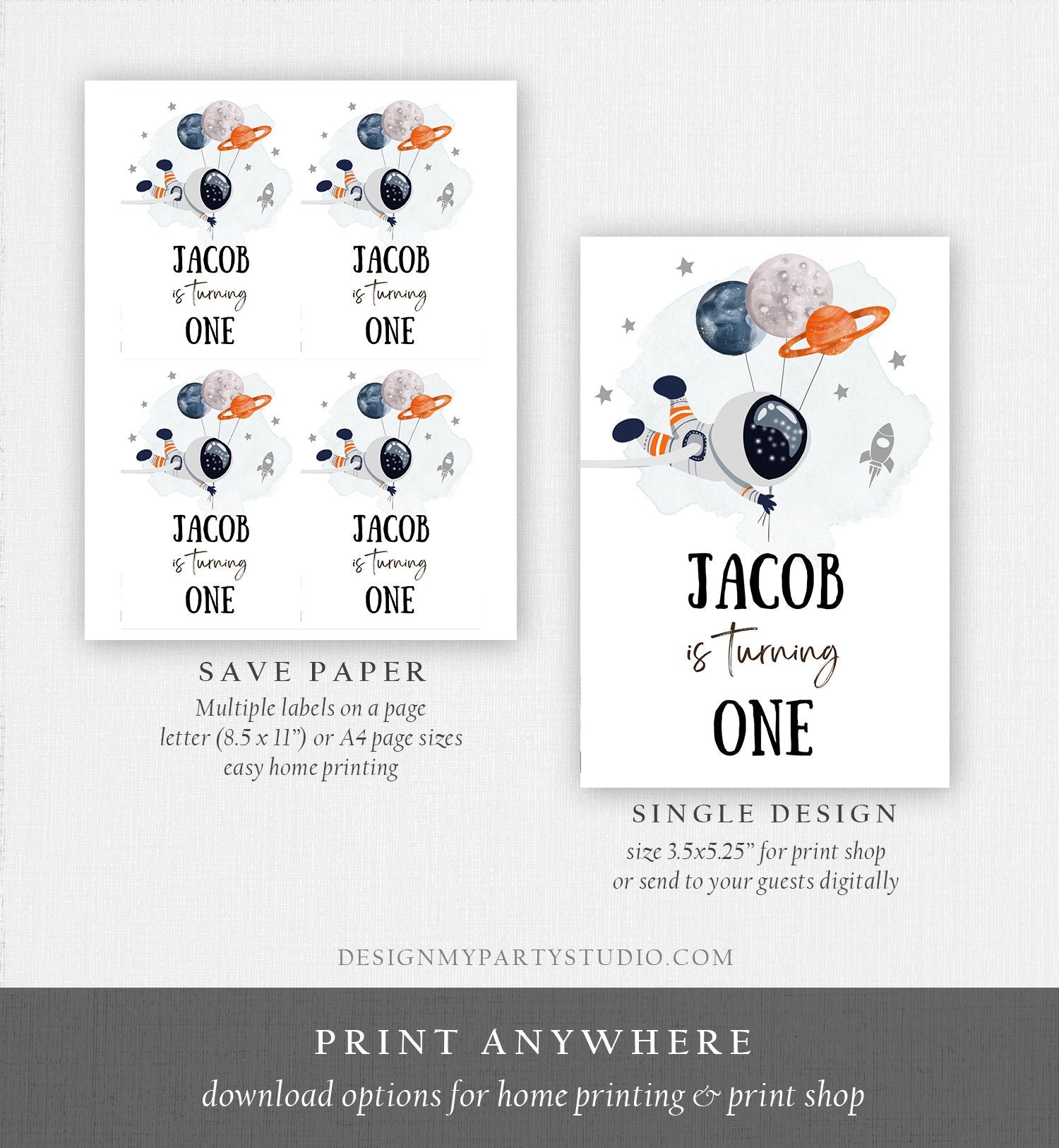 Editable Outer Space Astronaut Juice Pouch Label Juice Favors Planets Orange Boy Birthday Blue Digital Download Template Printable 0366