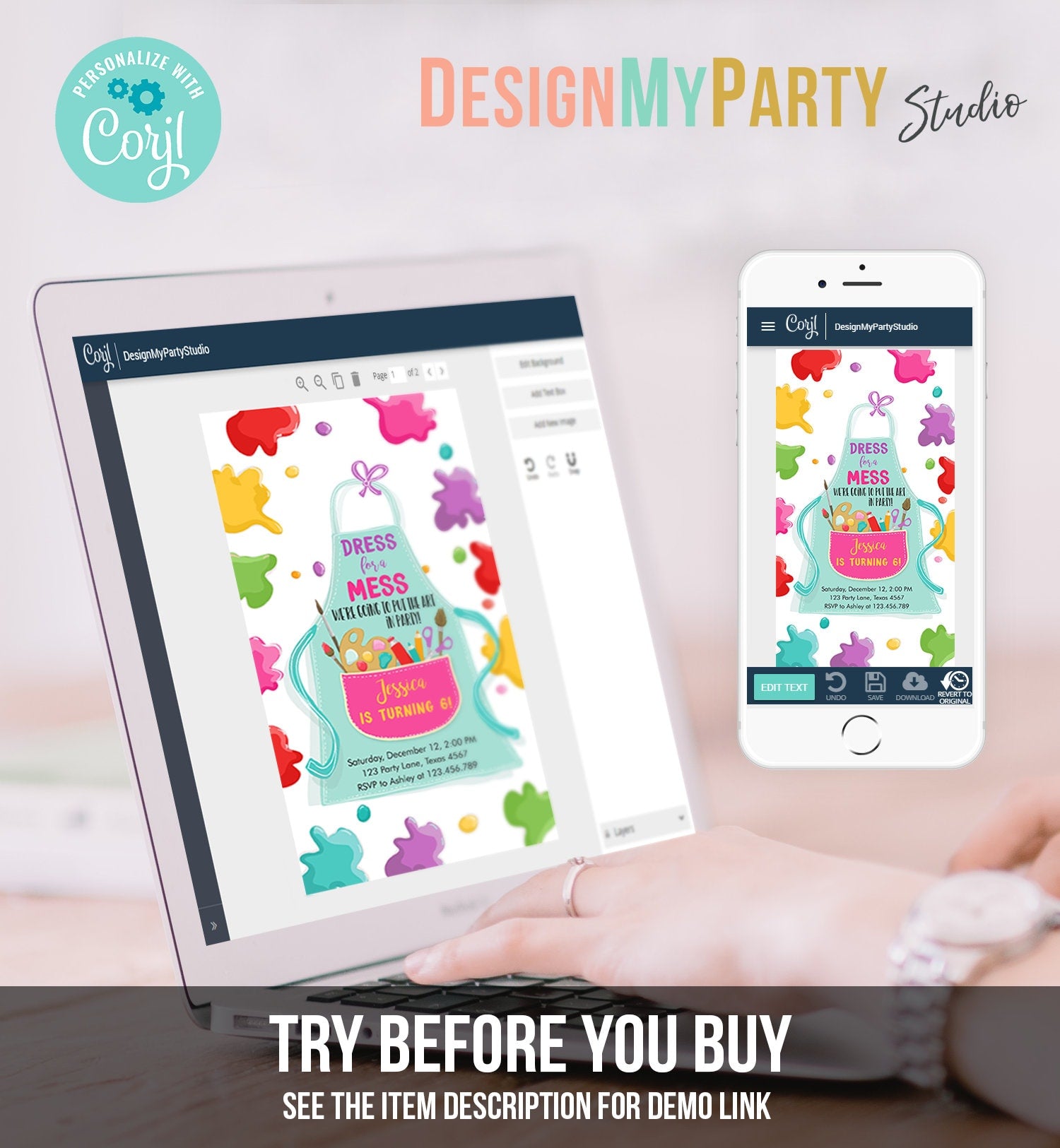 Editable Painting Party Evite Art Party Birthday Invitation Girl Paint Craft Party Phone Electronic Digital Download Evite Template 0319