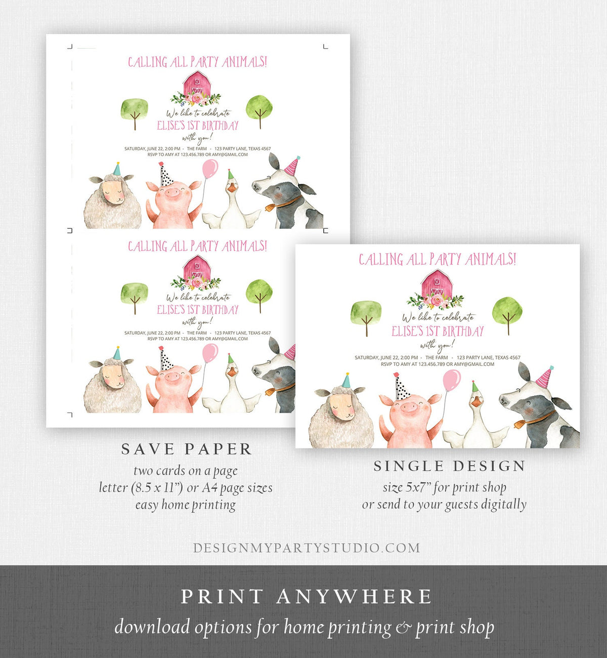 Editable Farm Birthday Invitation Girl Farm Animals Pink Barnyard Birthday Party Animals Printable Invitation Template Digital Corjl 0155