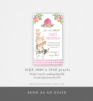 Editable Farm Birthday Evite Girl Farm Animals Pink Floral Barnyard Party Invitation Download Phone Invitation Template Digital Corjl 0155