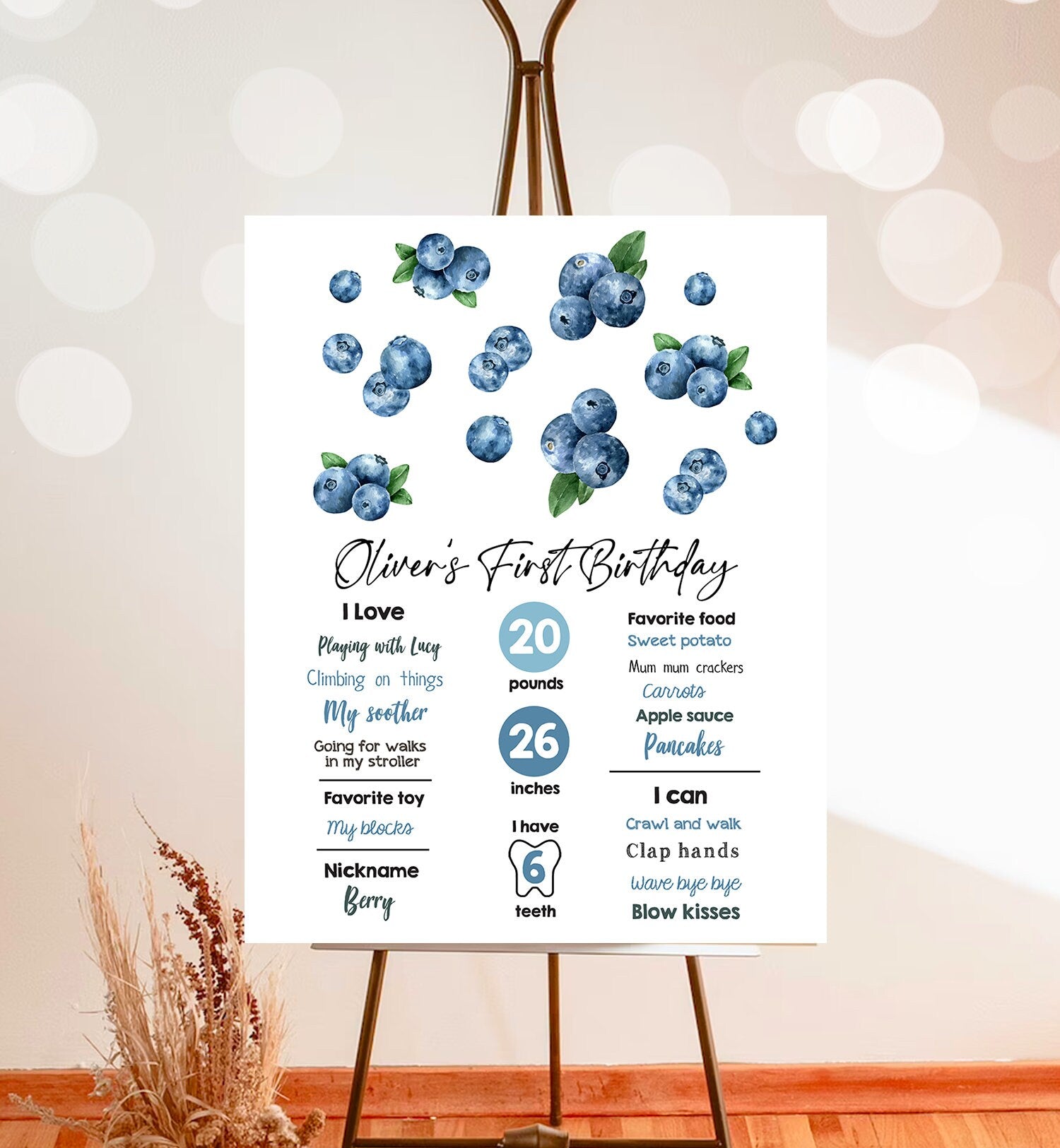 Editable Berry First Birthday Milestone Sign Blueberry First 1st Boy Farmers Market Blueberries Digital Download Template Printable 0399