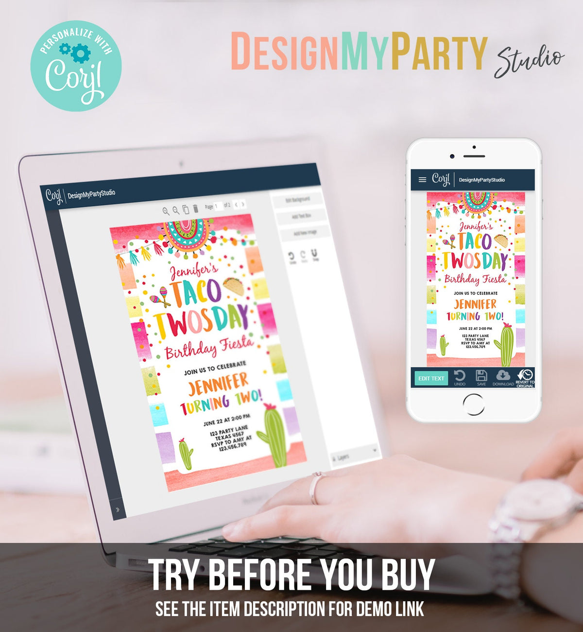 Editable Taco Twosday Fiesta Birthday Evite Electronic Second Birthday 2nd Cactus Mexican Tacos Girl Cactus Phone Corjl Template 0134