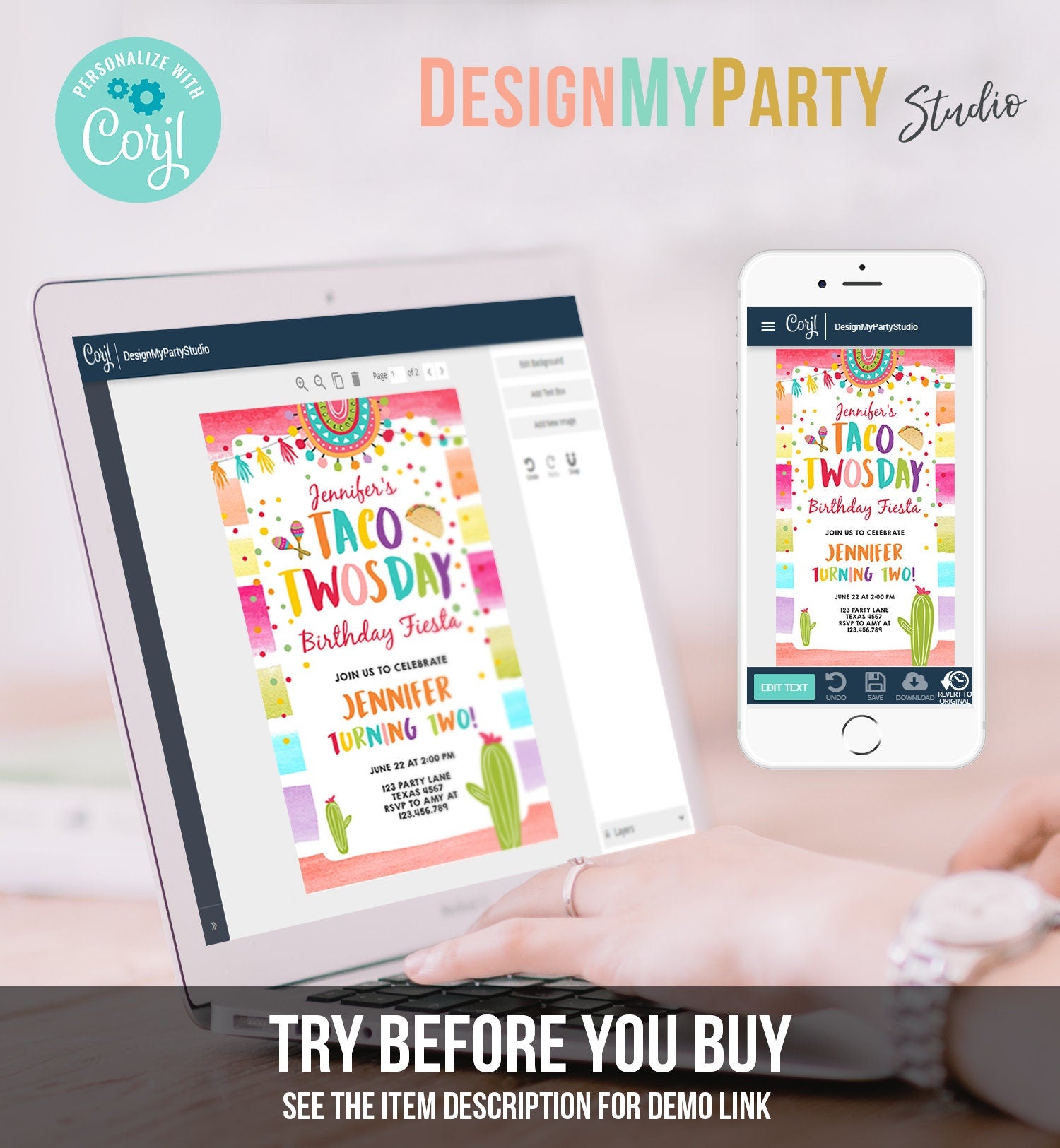 Editable Taco Twosday Fiesta Birthday Evite Electronic Second Birthday 2nd Cactus Mexican Tacos Girl Cactus Phone Corjl Template 0134