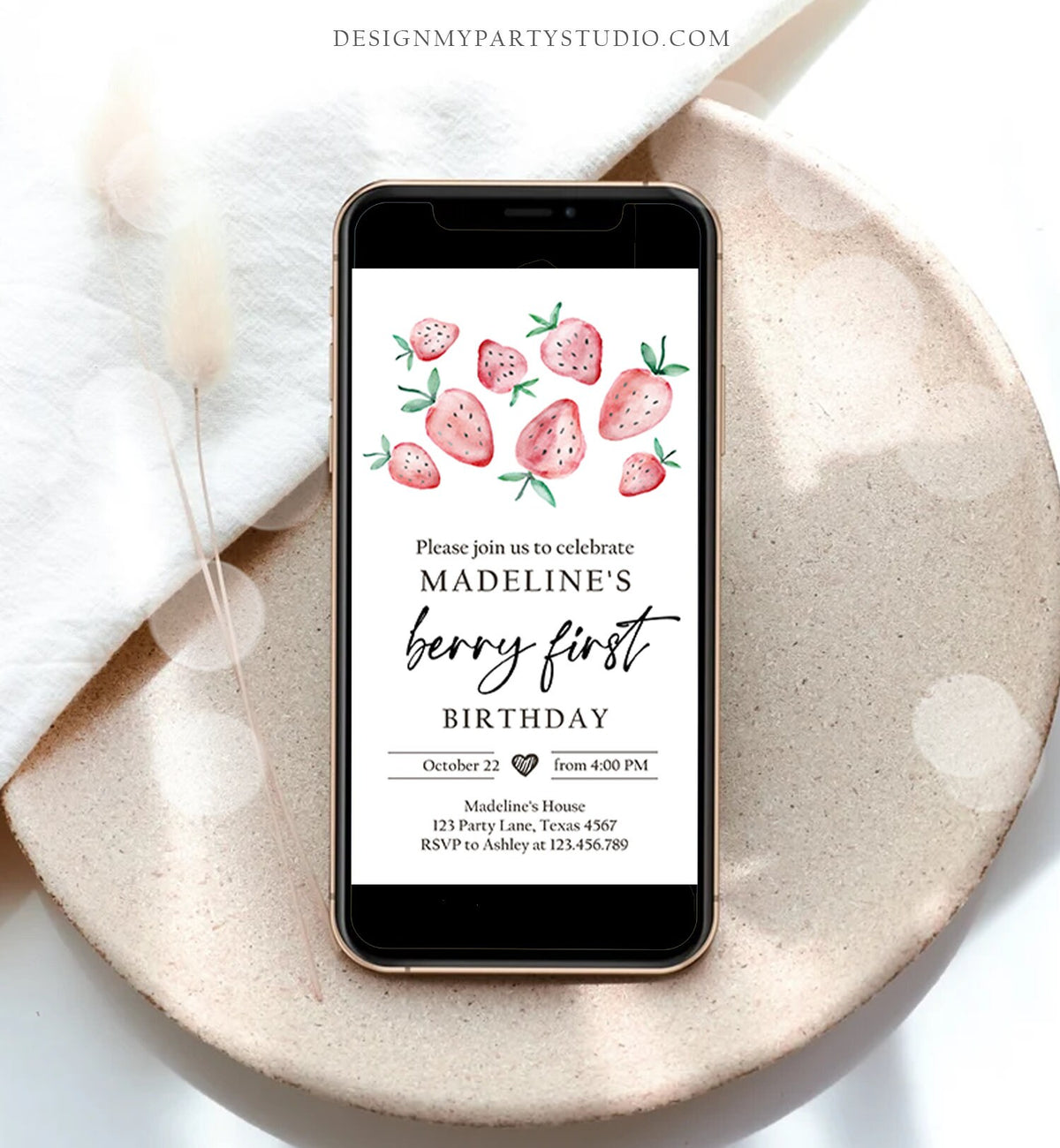 Editable Berry First Birthday Evite Electronic Strawberry Birthday Berry Sweet Strawberries 1st Digital Download Evite Phone Template 0399