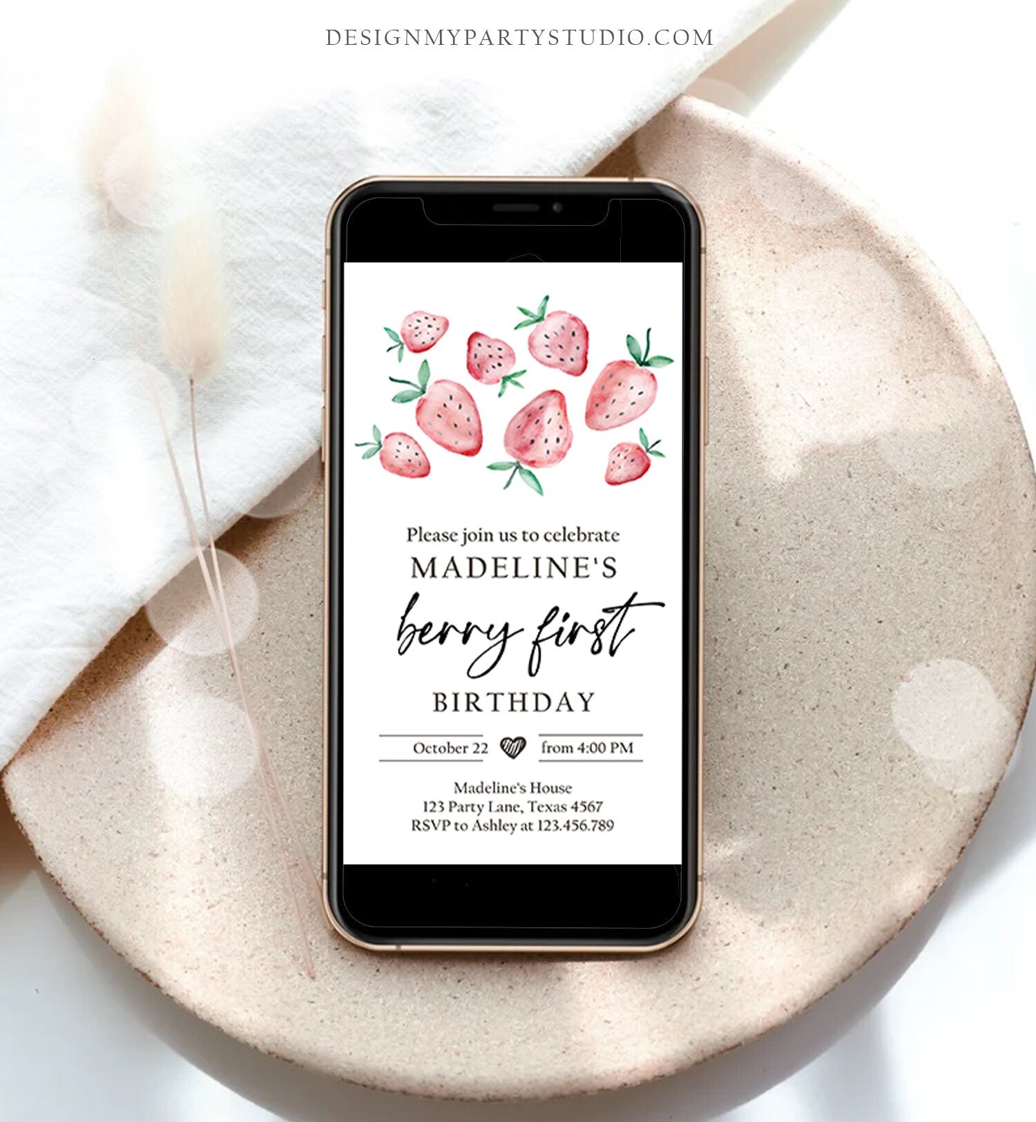 Editable Berry First Birthday Evite Electronic Strawberry Birthday Berry Sweet Strawberries 1st Digital Download Evite Phone Template 0399