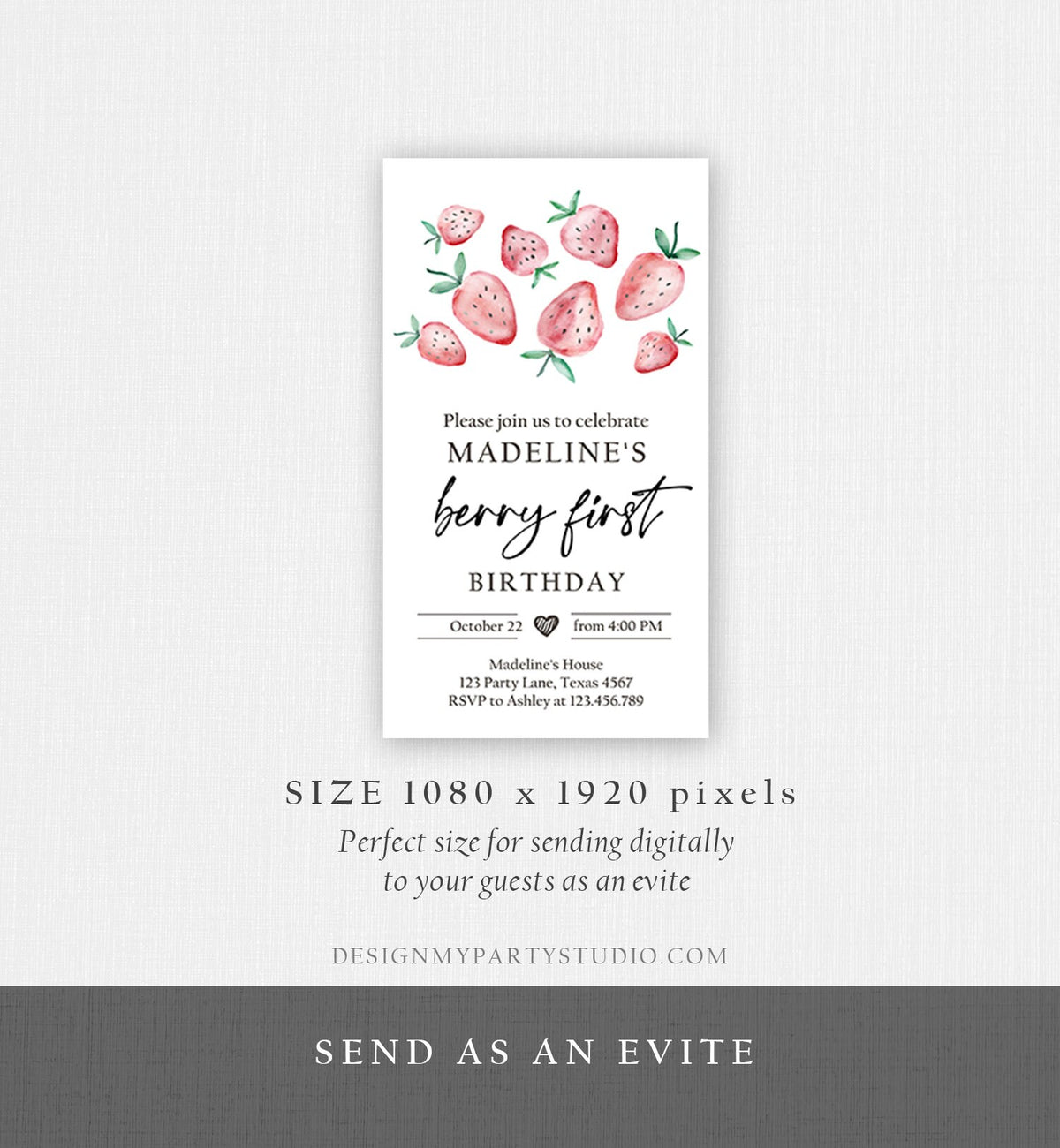 Editable Berry First Birthday Evite Electronic Strawberry Birthday Berry Sweet Strawberries 1st Digital Download Evite Phone Template 0399