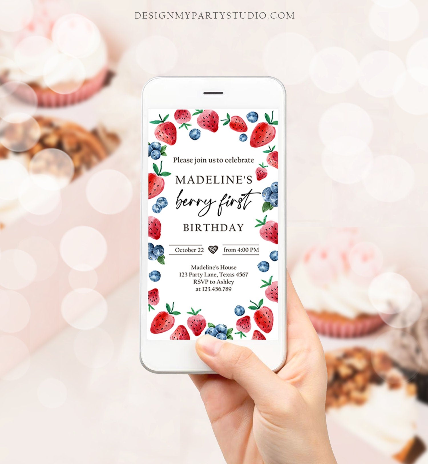 Editable Berry Sweet Birthday Evite Electronic Blueberry Strawberry Picking Party Farmers Market Digital Phone Template Corjl Digital 0399