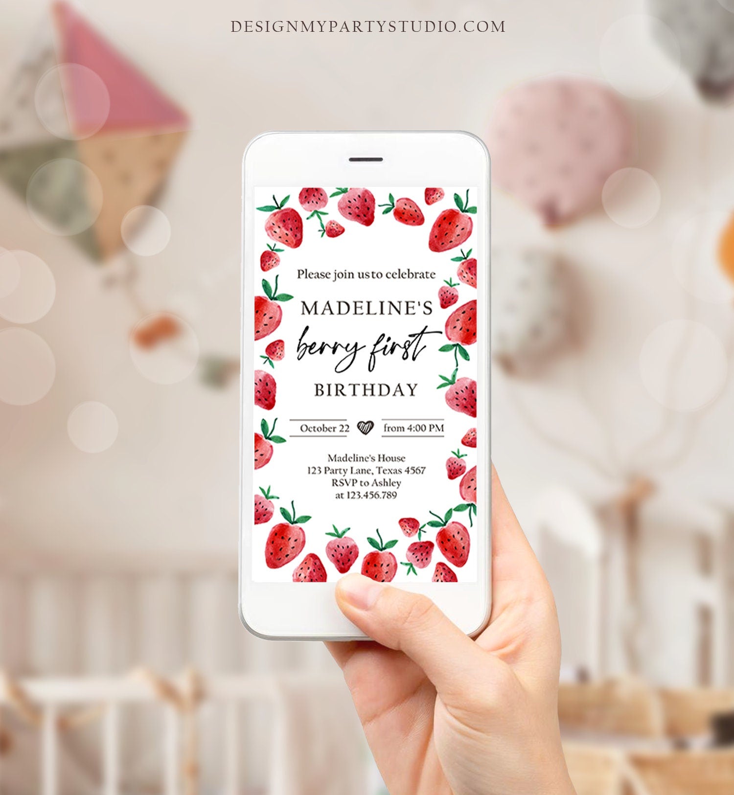 Editable Berry First Birthday Evite Electronic Strawberry Birthday Berry Sweet Strawberries 1st Digital Phone Template Digital Invite 0399