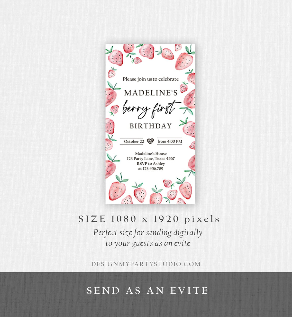 Editable Berry First Birthday Evite Electronic Strawberry Birthday Berry Sweet Strawberries Phone Digital Download Evite Template 0399