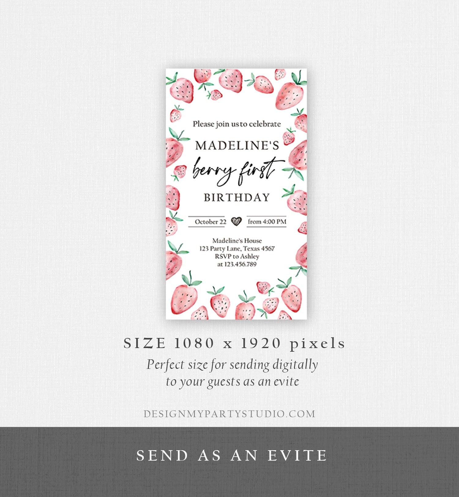 Editable Berry First Birthday Evite Electronic Strawberry Birthday Berry Sweet Strawberries Phone Digital Download Evite Template 0399
