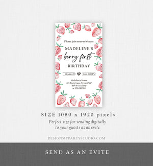 Editable Berry First Birthday Evite Electronic Strawberry Birthday Berry Sweet Strawberries 1st Digital Phone Template Corjl Digital 0399