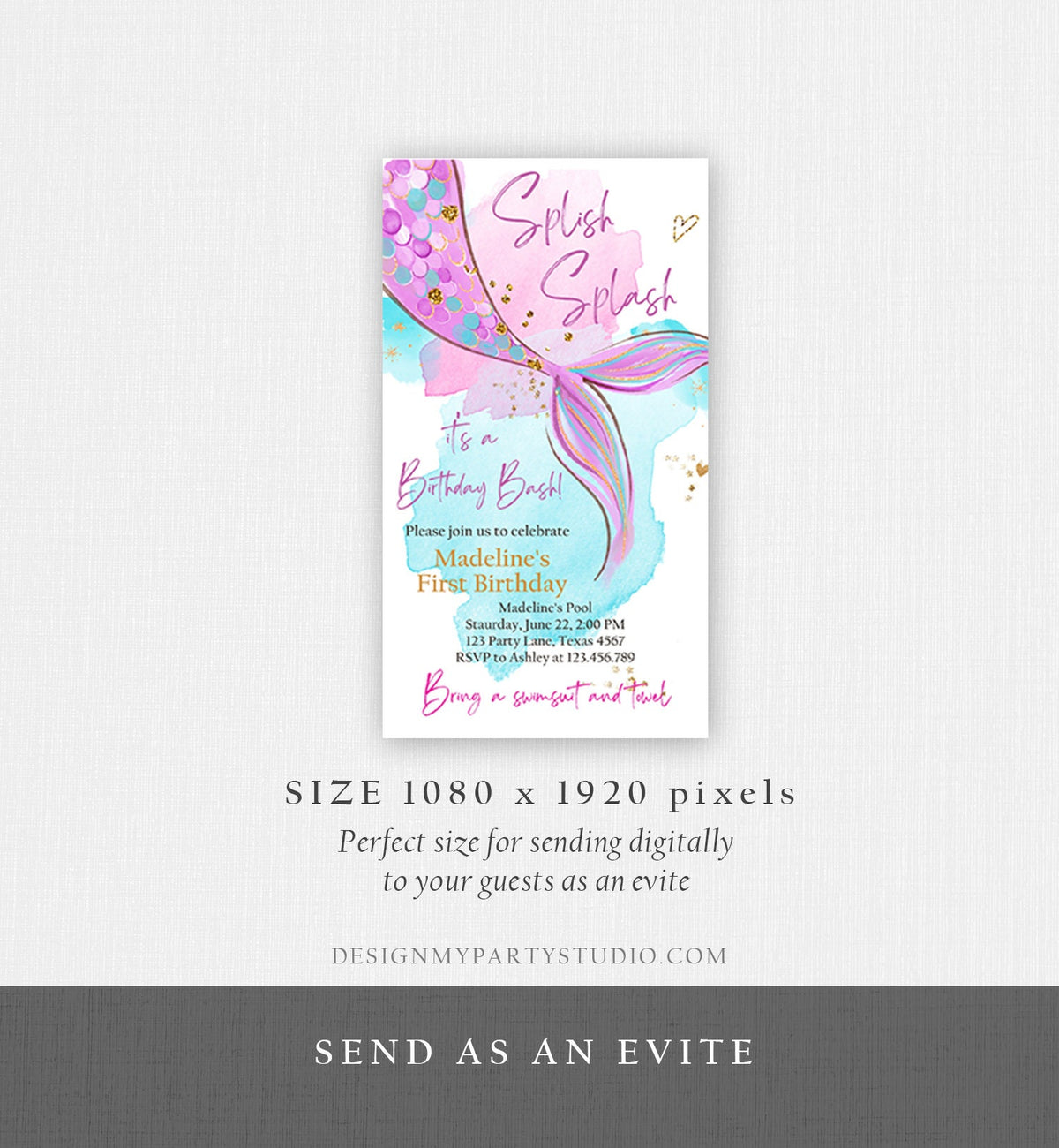 Editable Mermaid Birthday Party Evite Electronic Girl Pink Purple Gold Mermaid Birthday Under The Sea Download Phone Template Corjl 0403