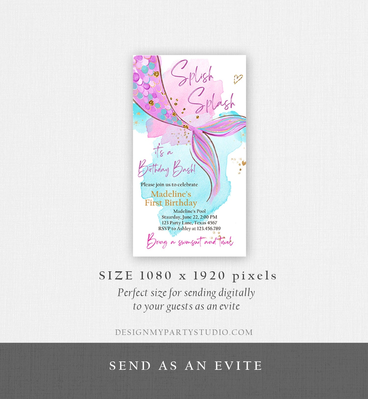 Editable Mermaid Birthday Party Evite Electronic Girl Pink Purple Gold Mermaid Birthday Under The Sea Download Phone Template Corjl 0403