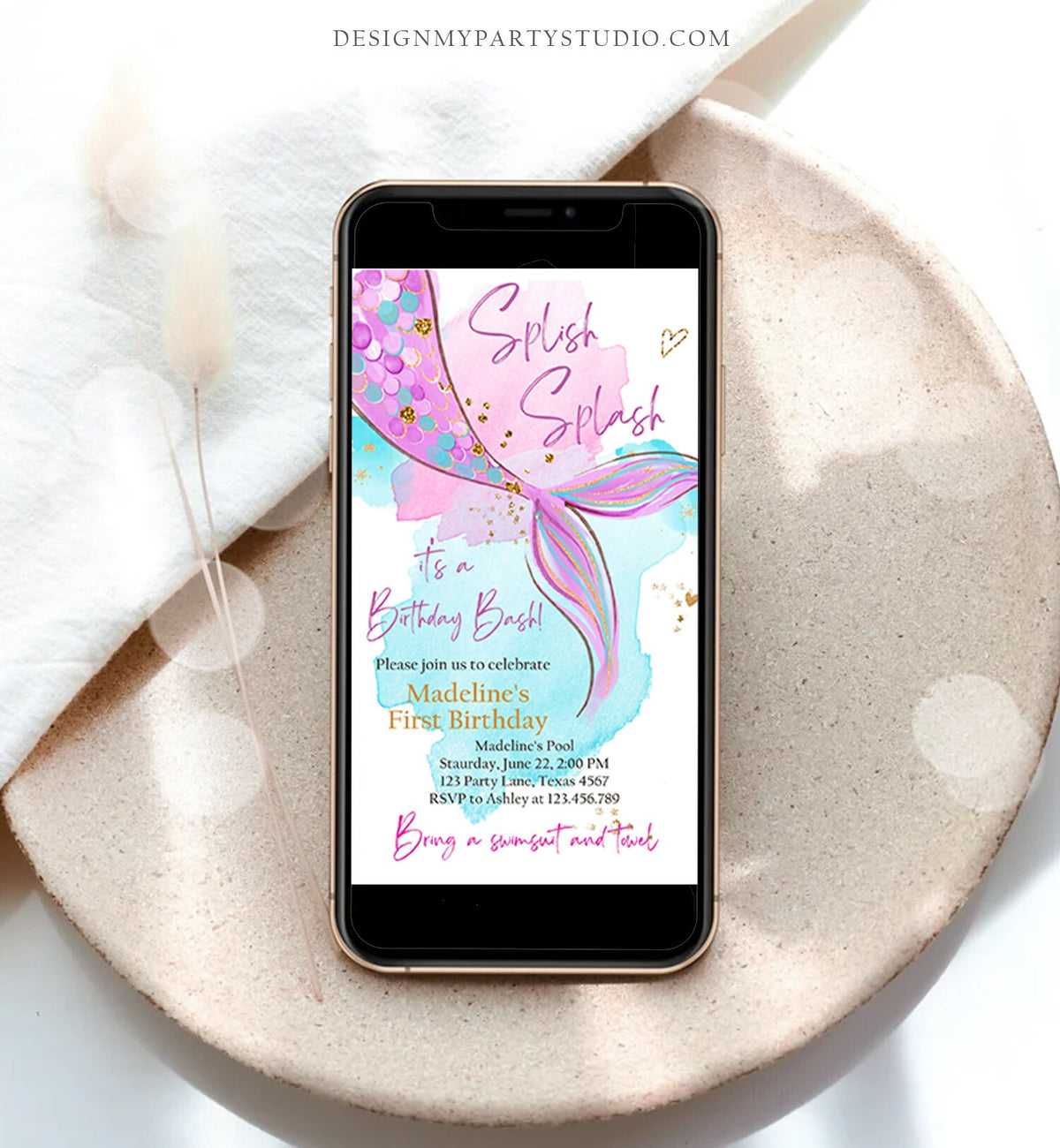 Editable Mermaid Birthday Party Evite Electronic Girl Pink Purple Gold Mermaid Birthday Under The Sea Download Phone Template Corjl 0403