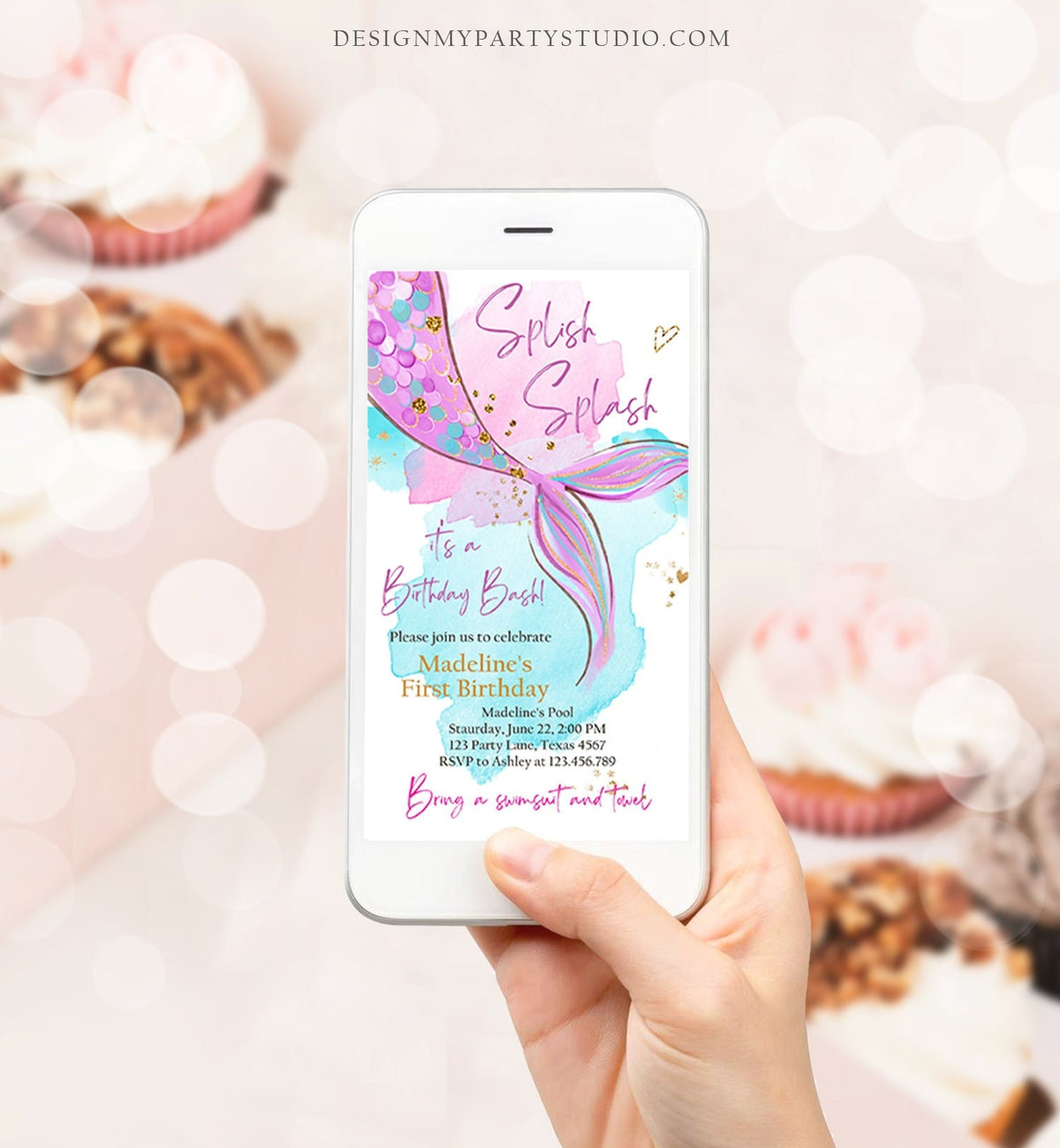 Editable Mermaid Birthday Party Evite Electronic Girl Pink Purple Gold Mermaid Birthday Under The Sea Download Phone Template Corjl 0403