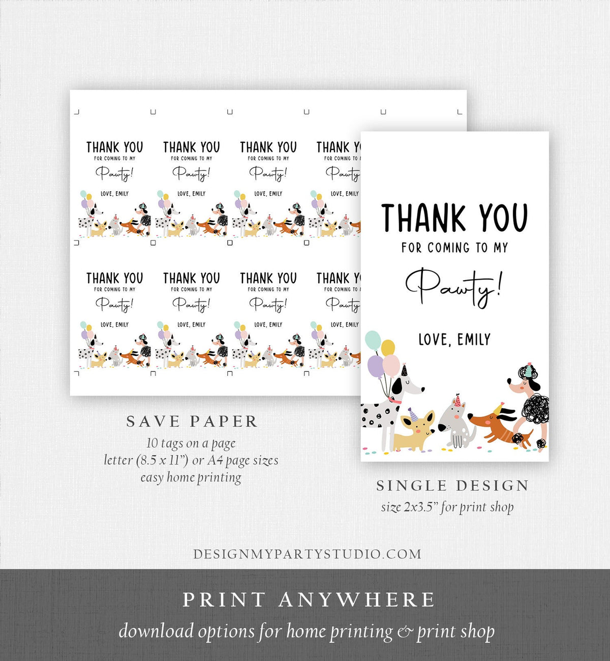 Editable Dog Favor tags Puppy Dog Birthday Thank you tag Girl Pink Puppies Pup Pet Animal Dog Themed Modern Template PRINTABLE Corjl 0429