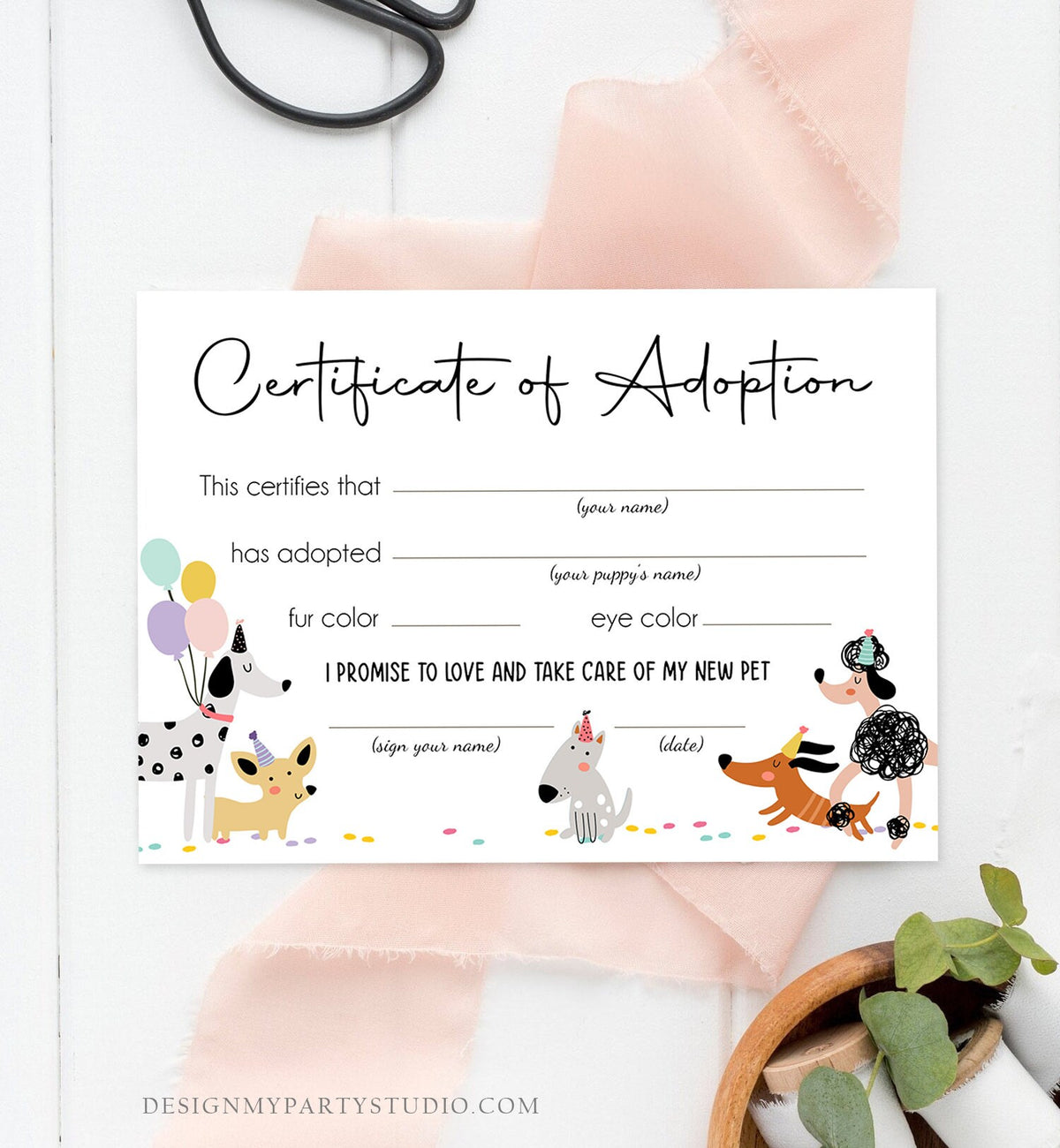 Pet Adoption Certificate Puppy Adoption Dog Birthday Party Adopt A Pet Girl Pink Vet Puppy Adoption Instant Download Digital PRINTABLE 0429