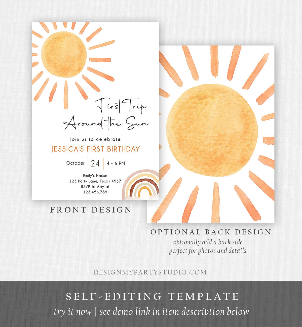 Editable First Trip Around The Sun Birthday Invitation 1st Birthday Sunshine Neutral Boho Download Printable Template Digital Corjl 0431