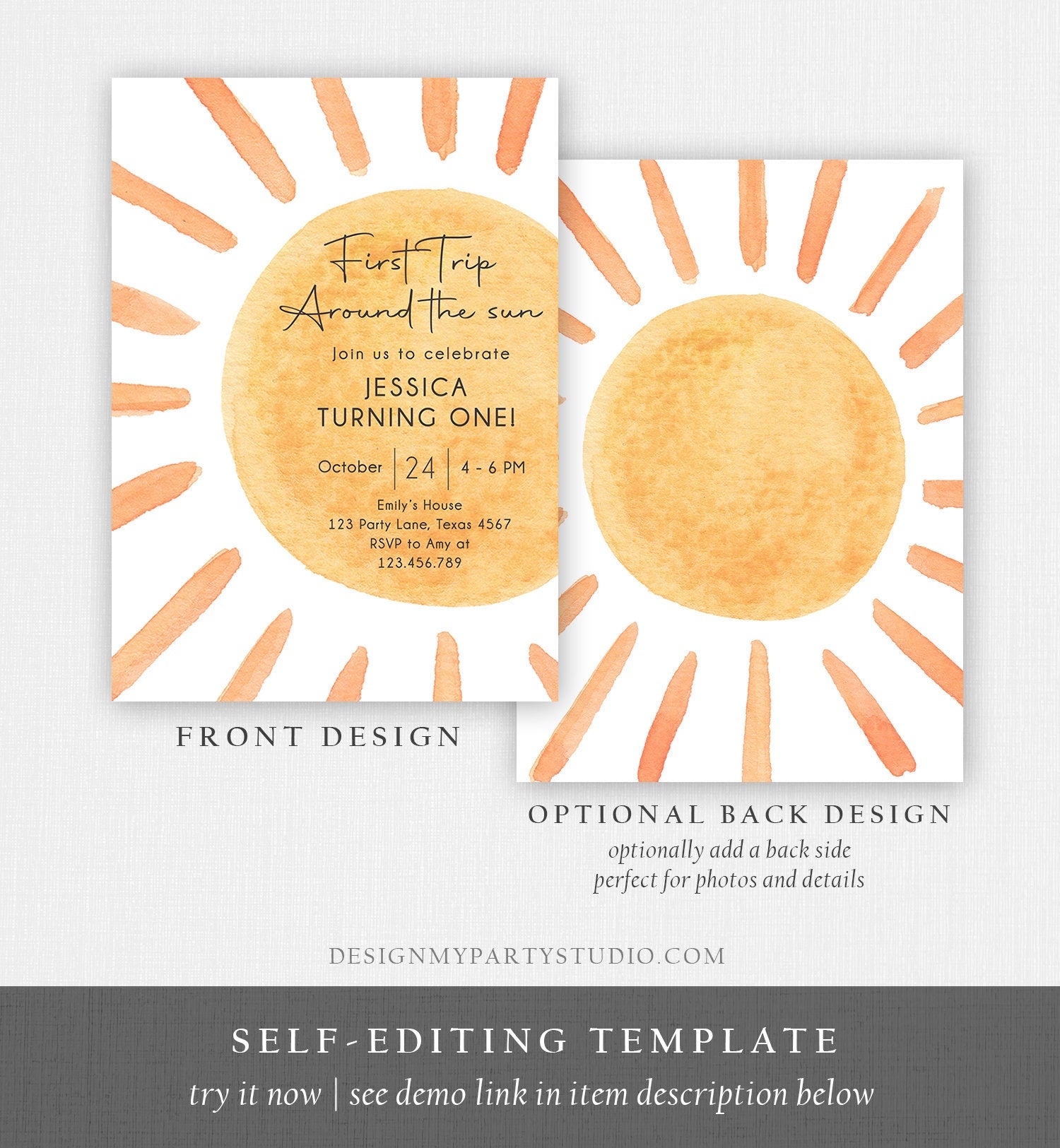 Editable First Trip Around The Sun Birthday Invitation 1st Birthday Sunshine Birthday Boho Digital Download Evite Template Printable 0431