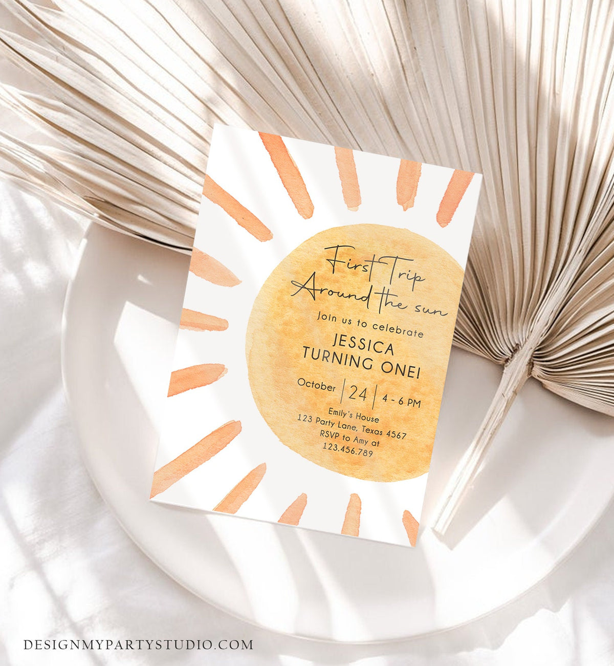 Editable First Trip Around The Sun Birthday Invitation 1st Birthday Sunshine Birthday Boho Digital Download Evite Template Printable 0431