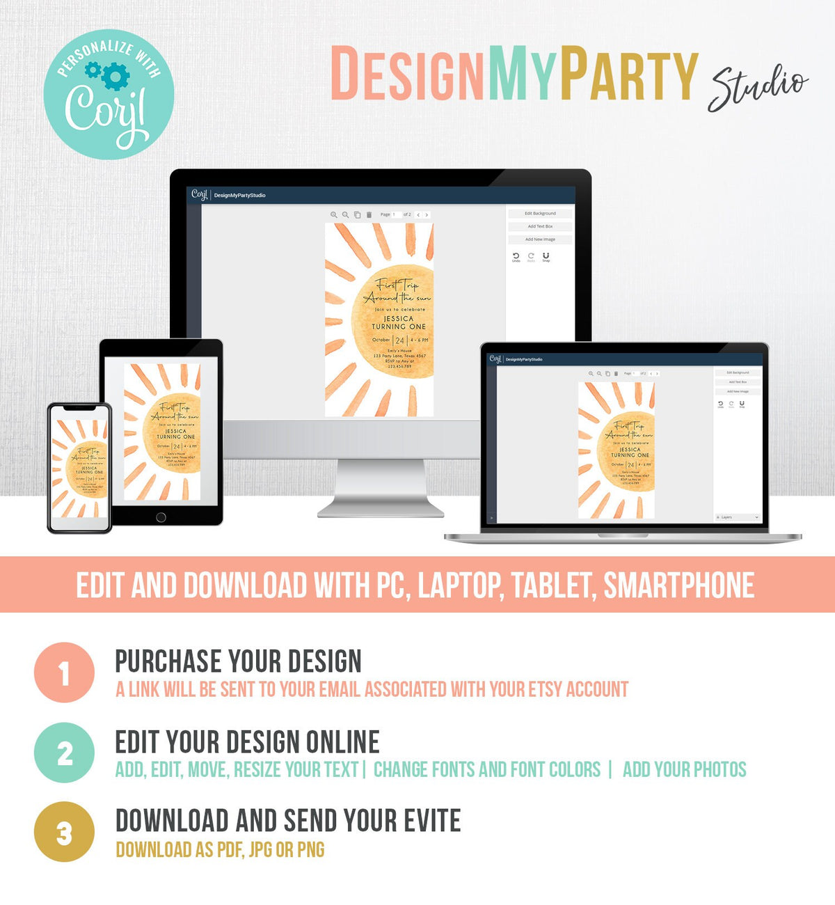 Editable First Trip Around The Sun Birthday Evite 1st Birthday Sunshine Neutral Boho Electronic Download Phone Template Digital Corjl 0431