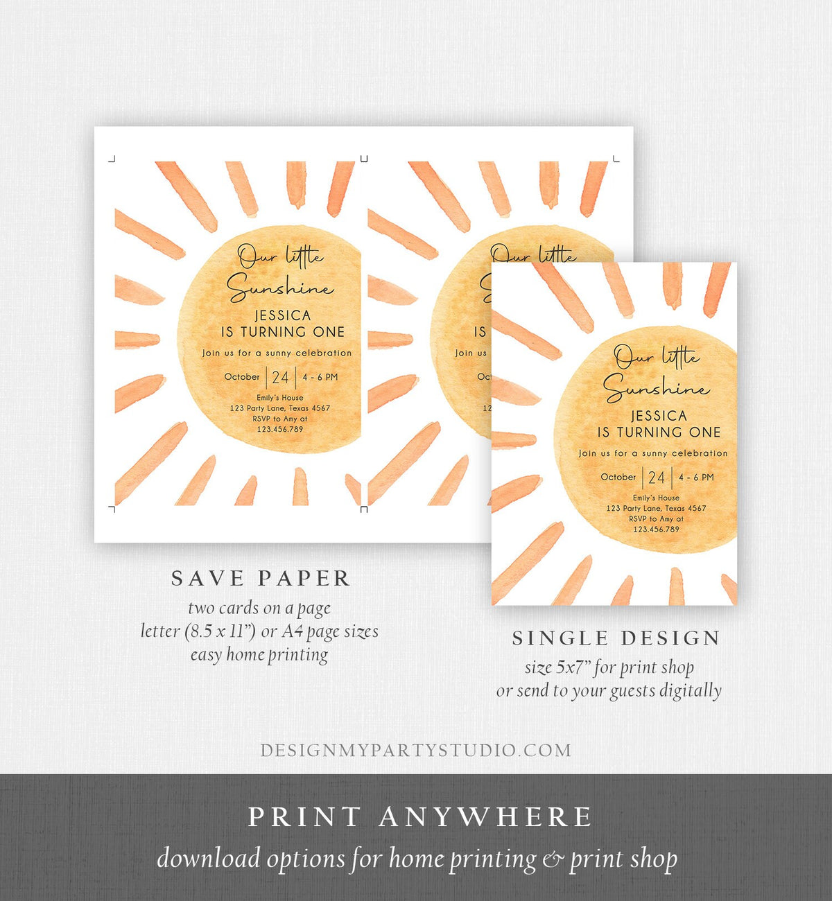 Editable Our Little Sunshine Birthday Invitation 1st Summer Sunshine Party Neutral Boho Digital Download Evite Template Printable 0431