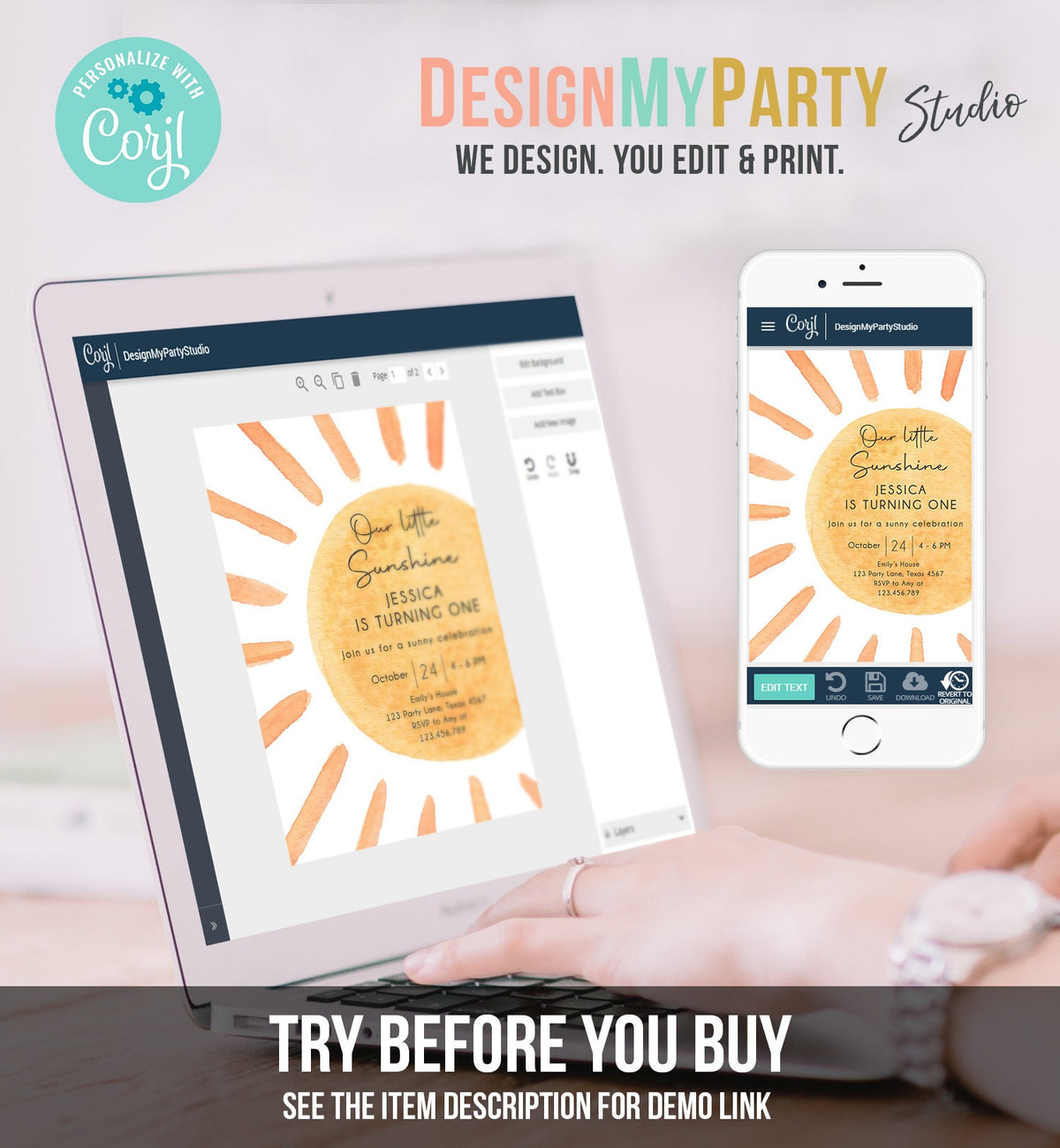 Editable Our Little Sunshine Birthday Invitation 1st Summer Sunshine Party Neutral Boho Digital Download Evite Template Printable 0431