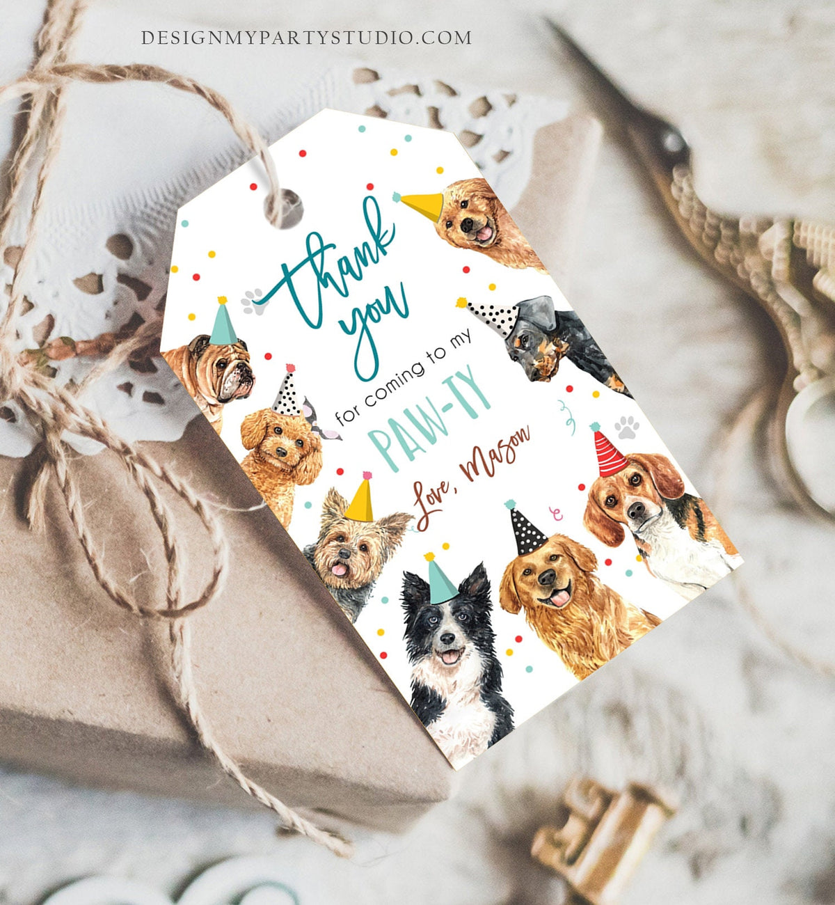 Editable Puppy Favor tags Puppy Dog Birthday Thank you tag Boy Puppies Pup Pet Vet Animal Doggy Shelter Template PRINTABLE Corjl 0384