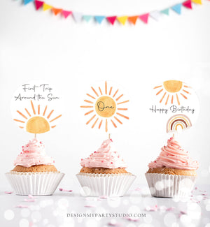 Sun Birthday Cupcake Toppers First Trip Around the Sun Favor Tags Sunshine Party Little Sunshine Decor 1st Download Digital PRINTABLE 0431
