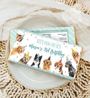 Editable Dog Candy Bar Wrapper Dog Birthday Party Chocolate Bar Label Puppy Pet Boy Puppy Party Pawty Download Corjl Template Printable 0384