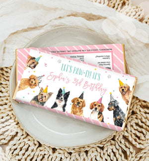 Editable Dog Candy Bar Wrapper Dog Birthday Party Chocolate Bar Label Puppy Girl Puppy Party Pawty Download Corjl Template Printable 0384