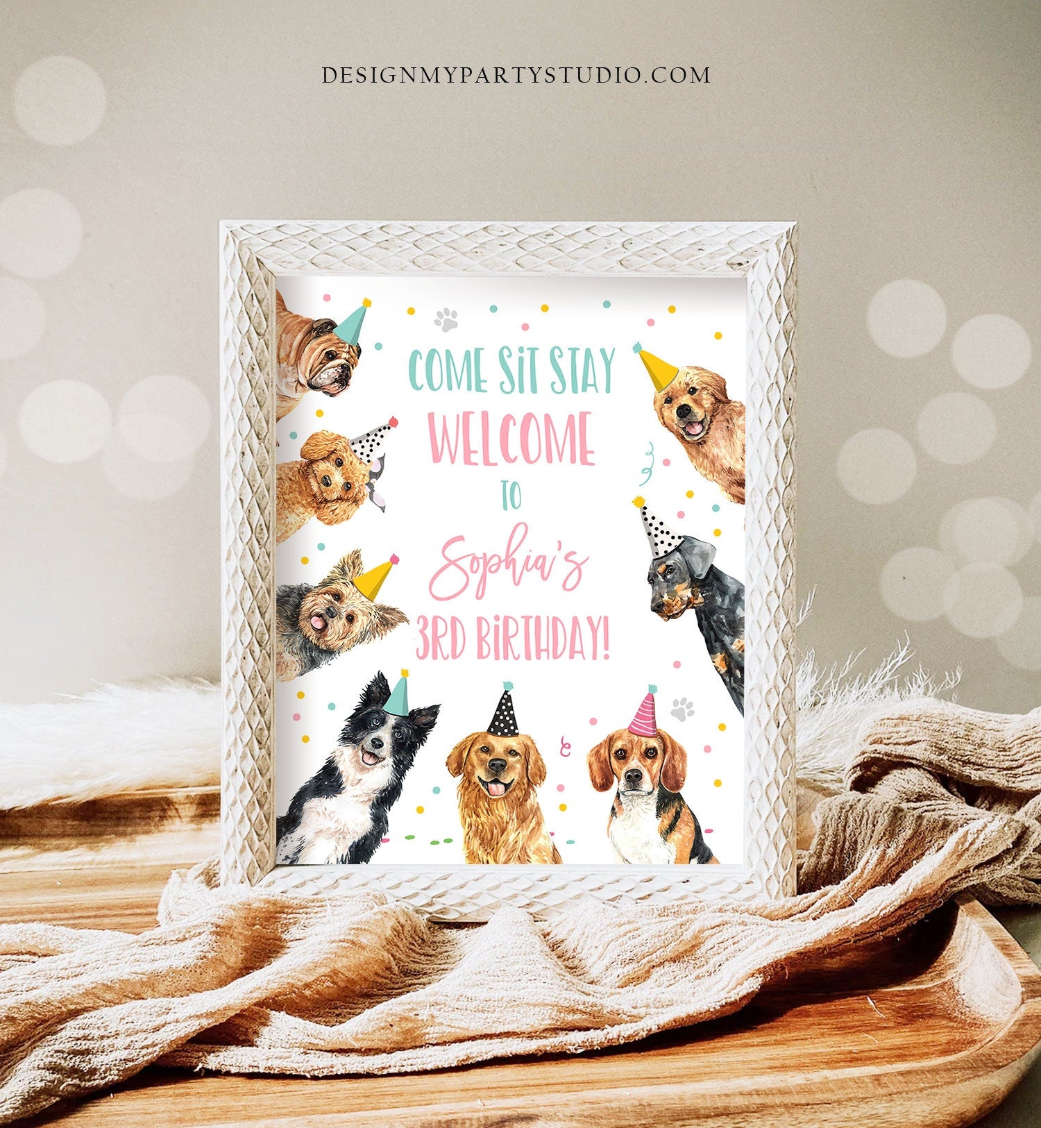 Editable Puppy Dog Birthday Party Welcome Sign Puppy Birthday Pink Pet Dog Birthday Come Sit Stay Paw-ty Girl Template Corjl PRINTABLE 0384