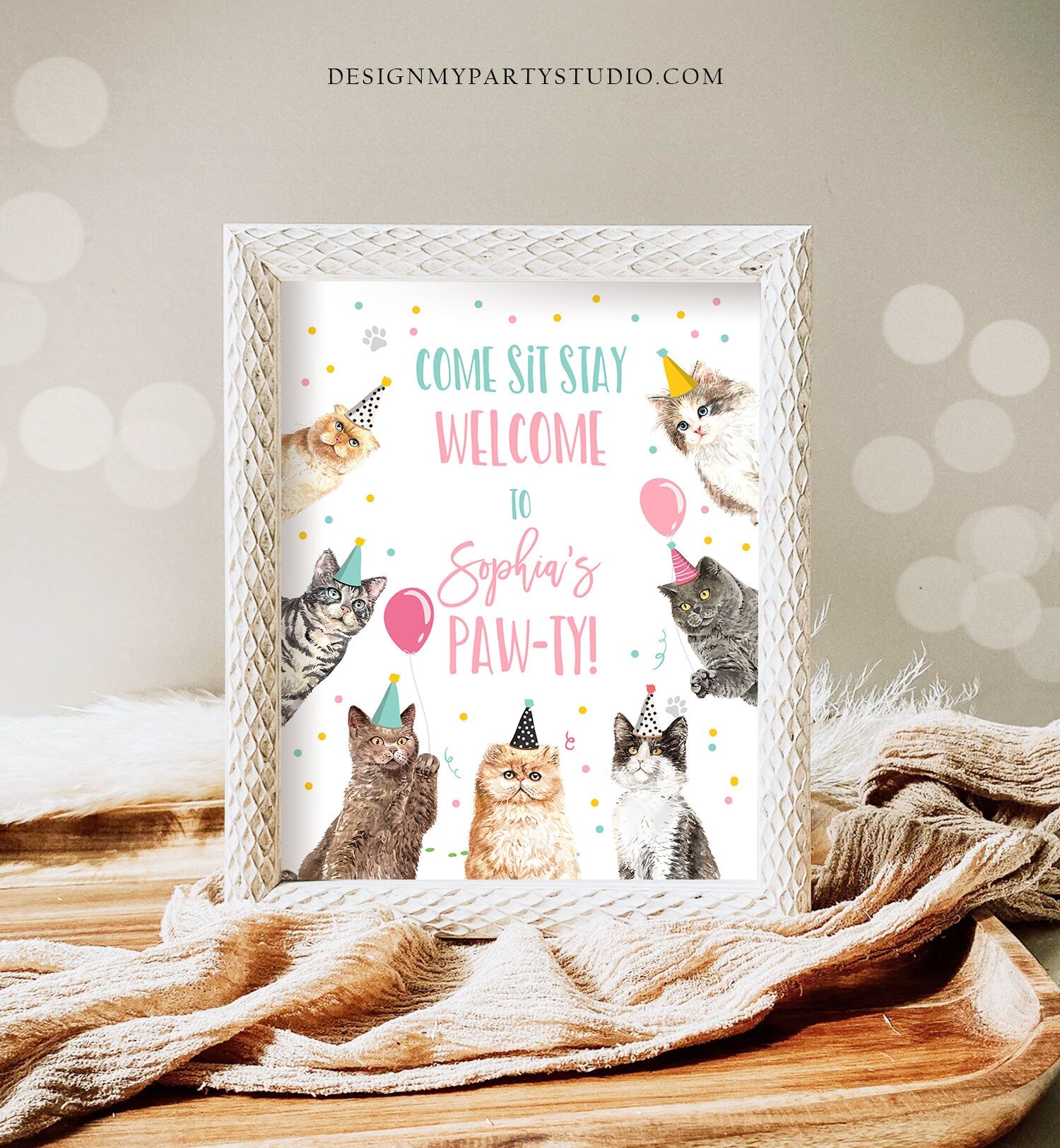 Editable Cat Birthday Party Welcome Sign Kitten Birthday Pink Pink Girl Kitty Cat Paw-ty Pawty Cute Kitten Template Corjl PRINTABLE 0384