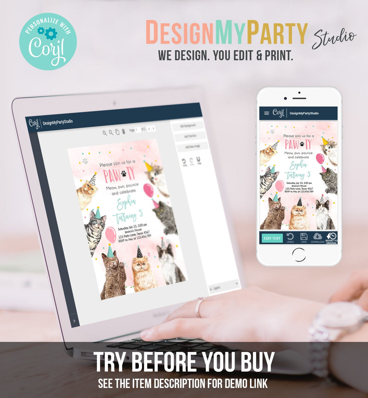 Editable Cat Birthday Party Invitation Kitten Birthday Invite Pink Girl Kitty Cat Invitation Pet Cute Download Printable Template Corjl 0384