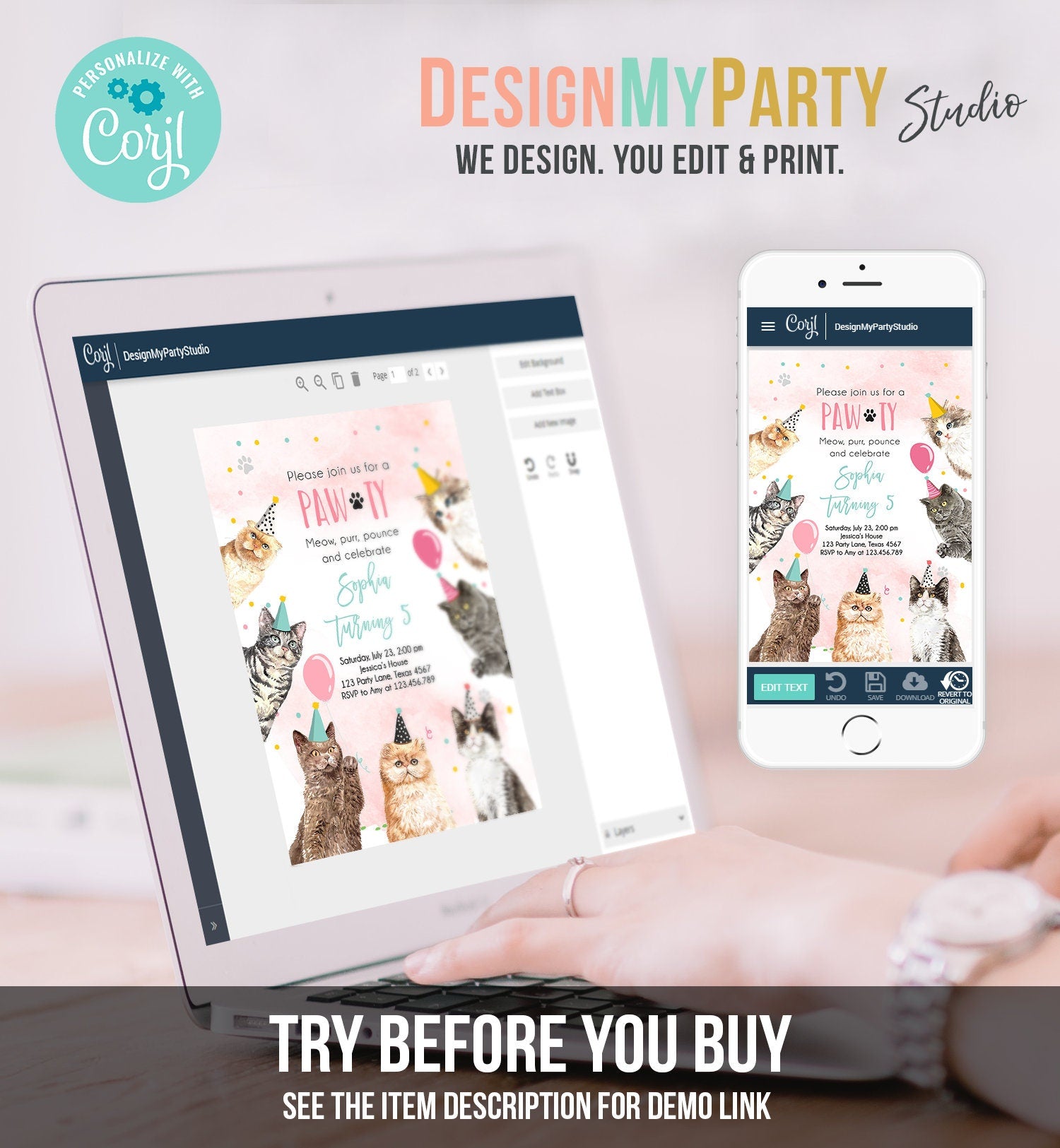 Editable Cat Birthday Party Invitation Kitten Birthday Invite Pink Girl Kitty Cat Invitation Pet Cute Download Printable Template Corjl 0384