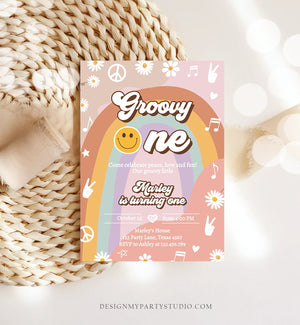 Editable Groovy One Retro 1st Birthday Invitation Peace Love Party Floral 70s Flower Power Festival Download Template Corjl Digital 0432