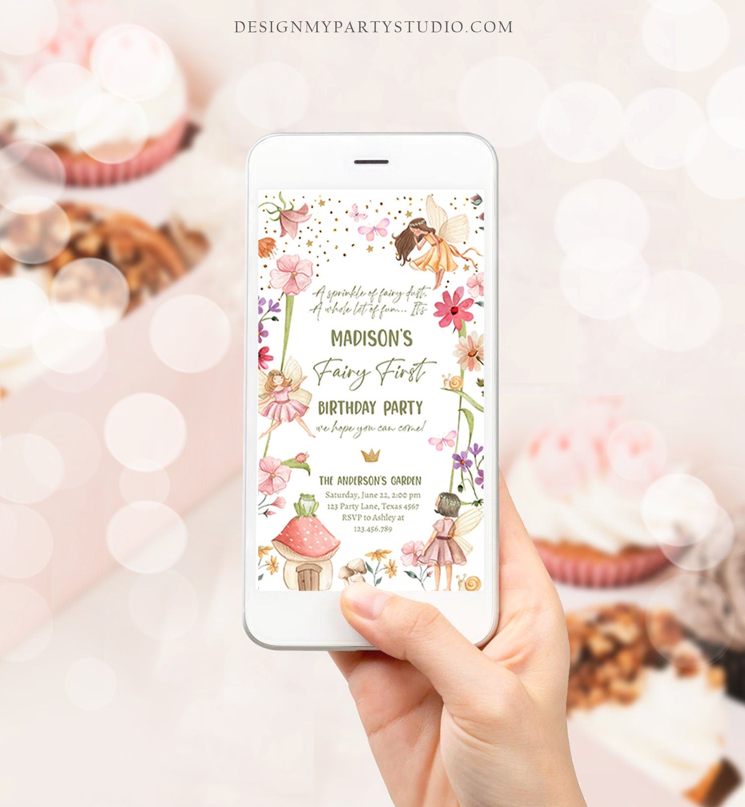 Editable Fairy First Birthday Evite Electronic Fairy Garden Fairy Forest Girl 1st Birthday Magical Phone Download Template Corjl 0406