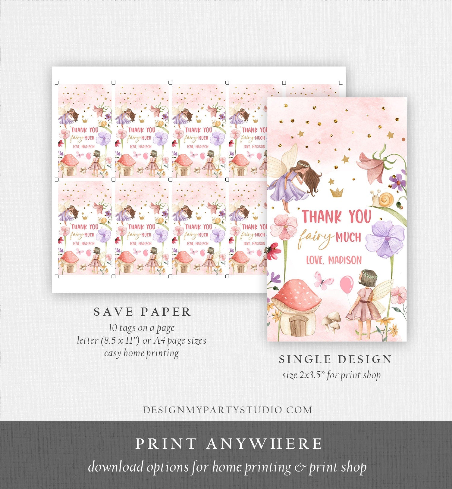 Editable Fairy Favor Tags Enchanted Forest Birthday Thank you tags Label Girl Fairy Garden Gift tags Download Template PRINTABLE Corjl 0406