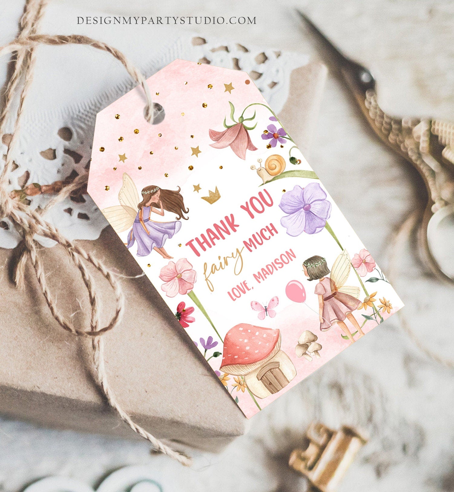 Editable Fairy Favor Tags Enchanted Forest Birthday Thank you tags Label Girl Fairy Garden Gift tags Download Template PRINTABLE Corjl 0406