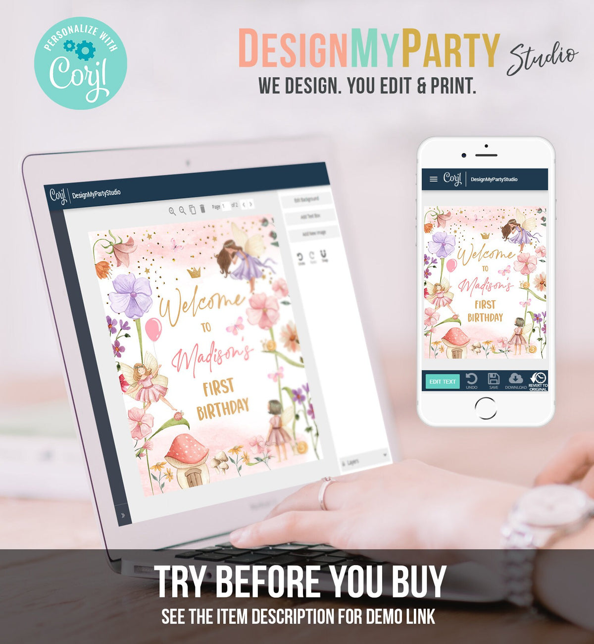 Editable Fairy Birthday Welcome Sign Fairy Garden Sign Whimsical Welcome Enchanted Forest Birthday Girl Pink Template PRINTABLE Corjl 0406