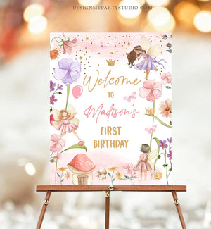 Editable Fairy Birthday Welcome Sign Fairy Garden Sign Whimsical Welcome Enchanted Forest Birthday Girl Pink Template PRINTABLE Corjl 0406
