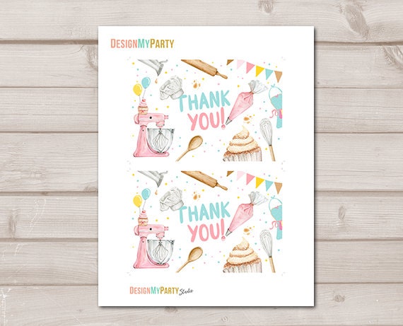 Baking Thank you Card Kids Cooking Birthday Thank You Note 4x6&quot; Girl Chef Party Kitchen Cupcake Decorating PRINTABLE Instant Download 0364