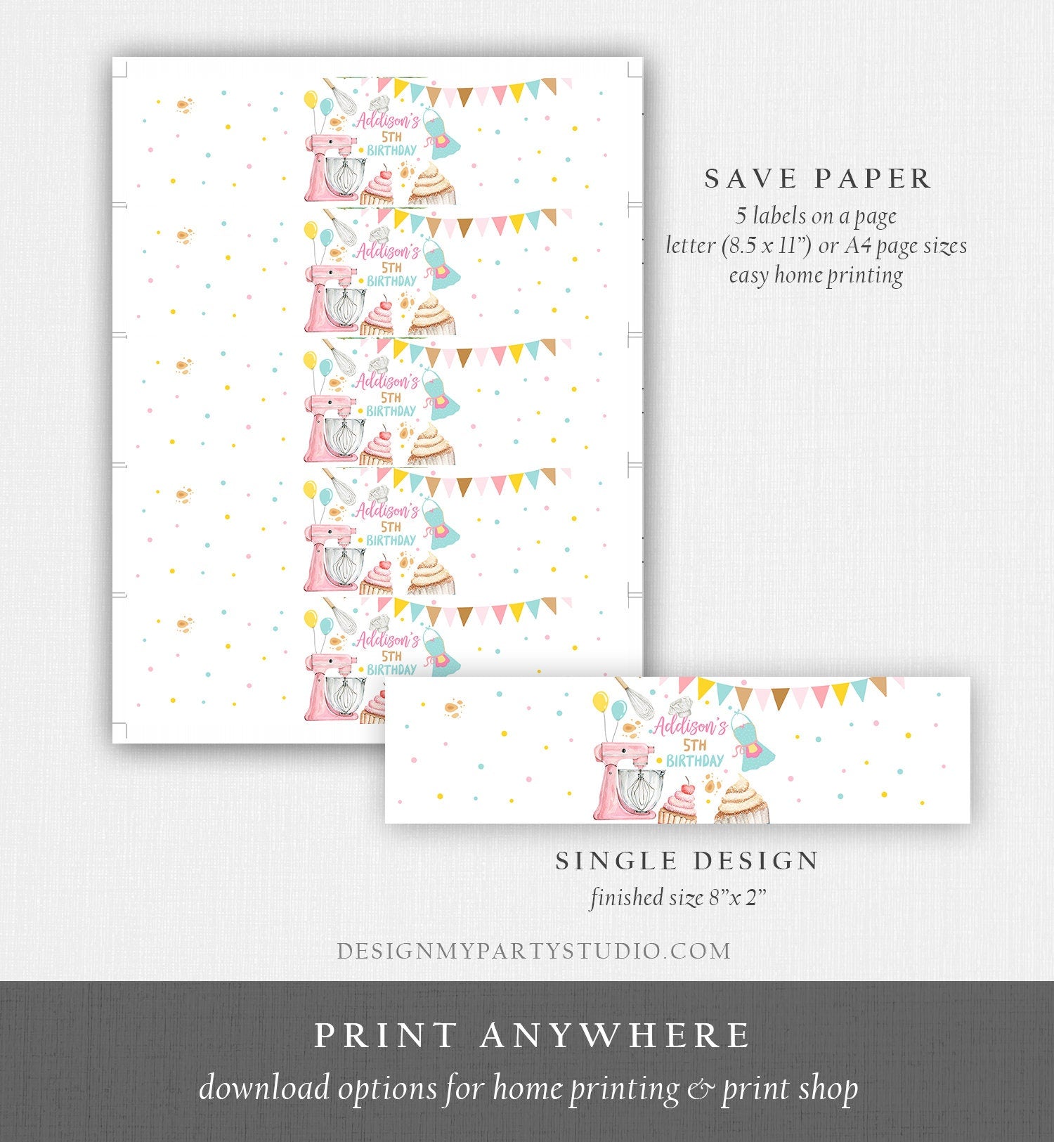 Editable Baking Birthday Water Bottle Label Cooking Birthday Cupcake Baking Party Decor Girl Digital Download Template Printable 0364